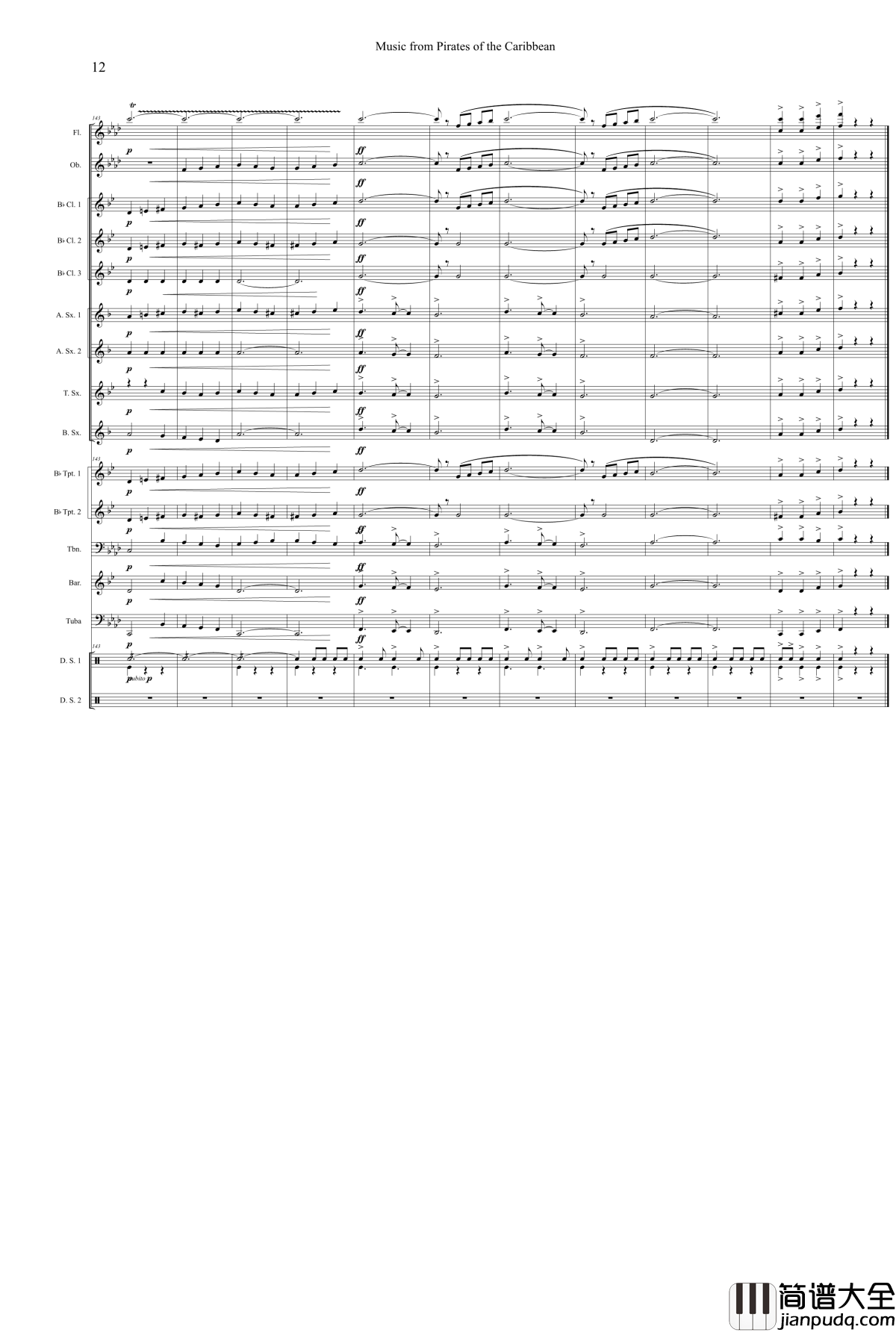 加勒比海盗钢琴谱_管乐
