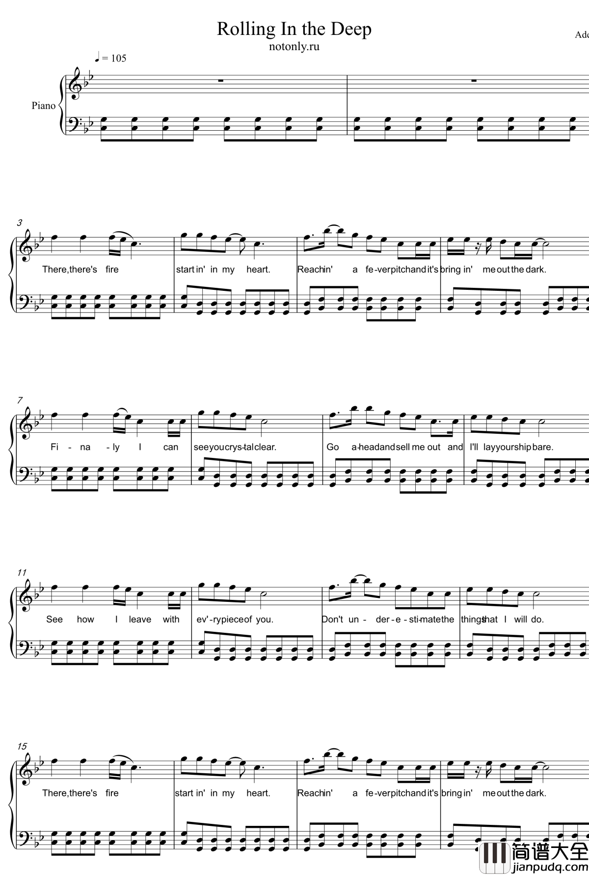 rolling_in_the_deep钢琴谱_Adele_Laurie_Blue_Adkins