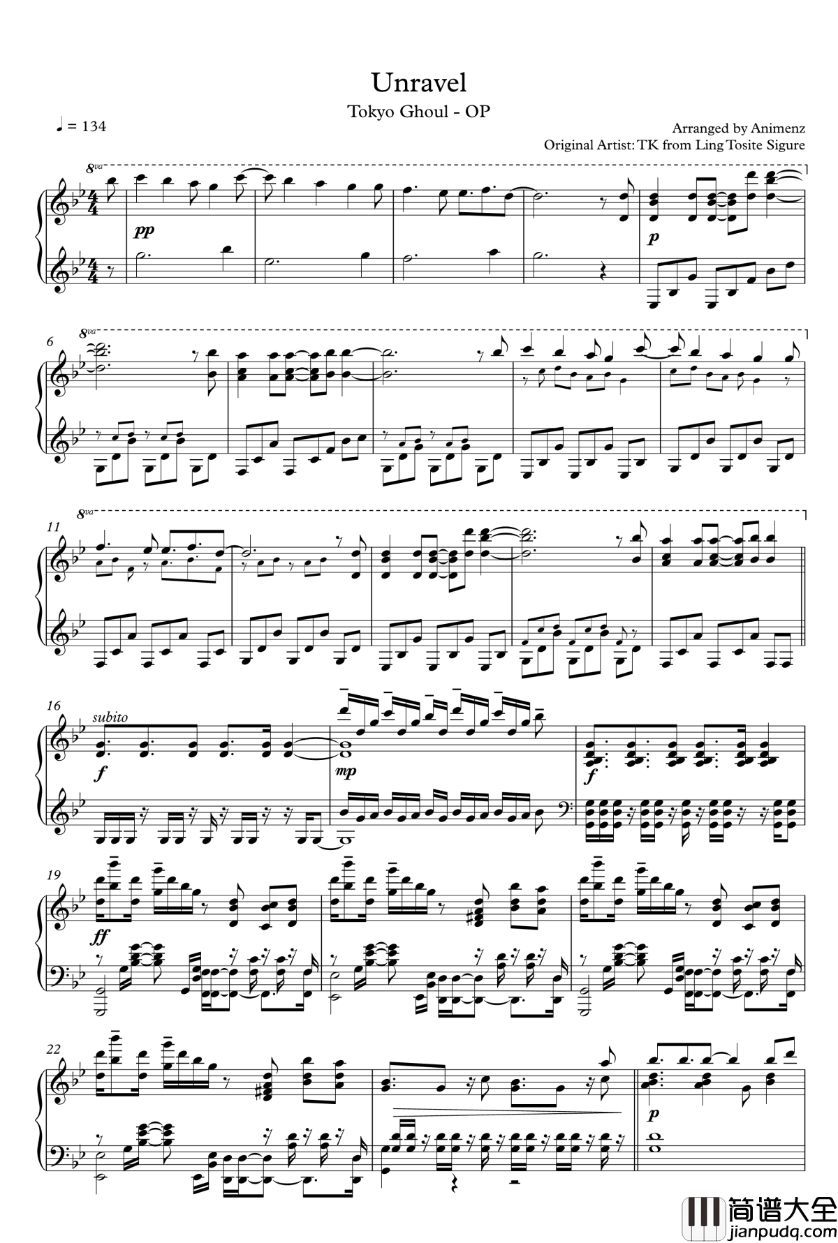 东京喰种OP钢琴谱_Unravel_Animenz