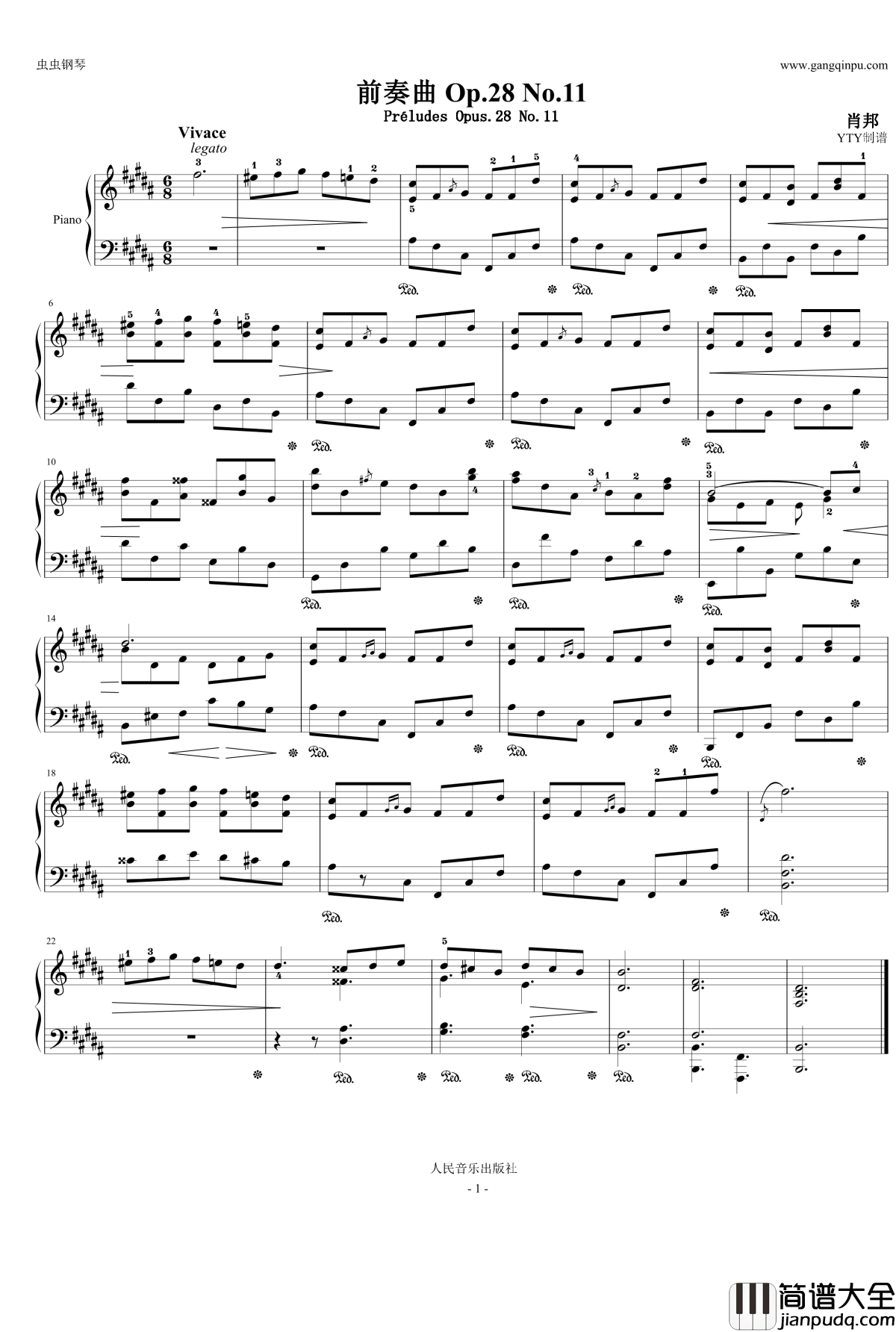 _Op.28_No.11_带指法、踏板钢琴谱_B大调前奏曲_肖邦_chopin