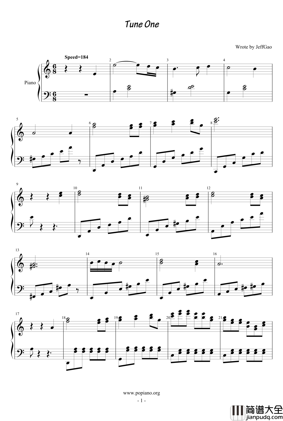 Tune_One钢琴谱_来心斗