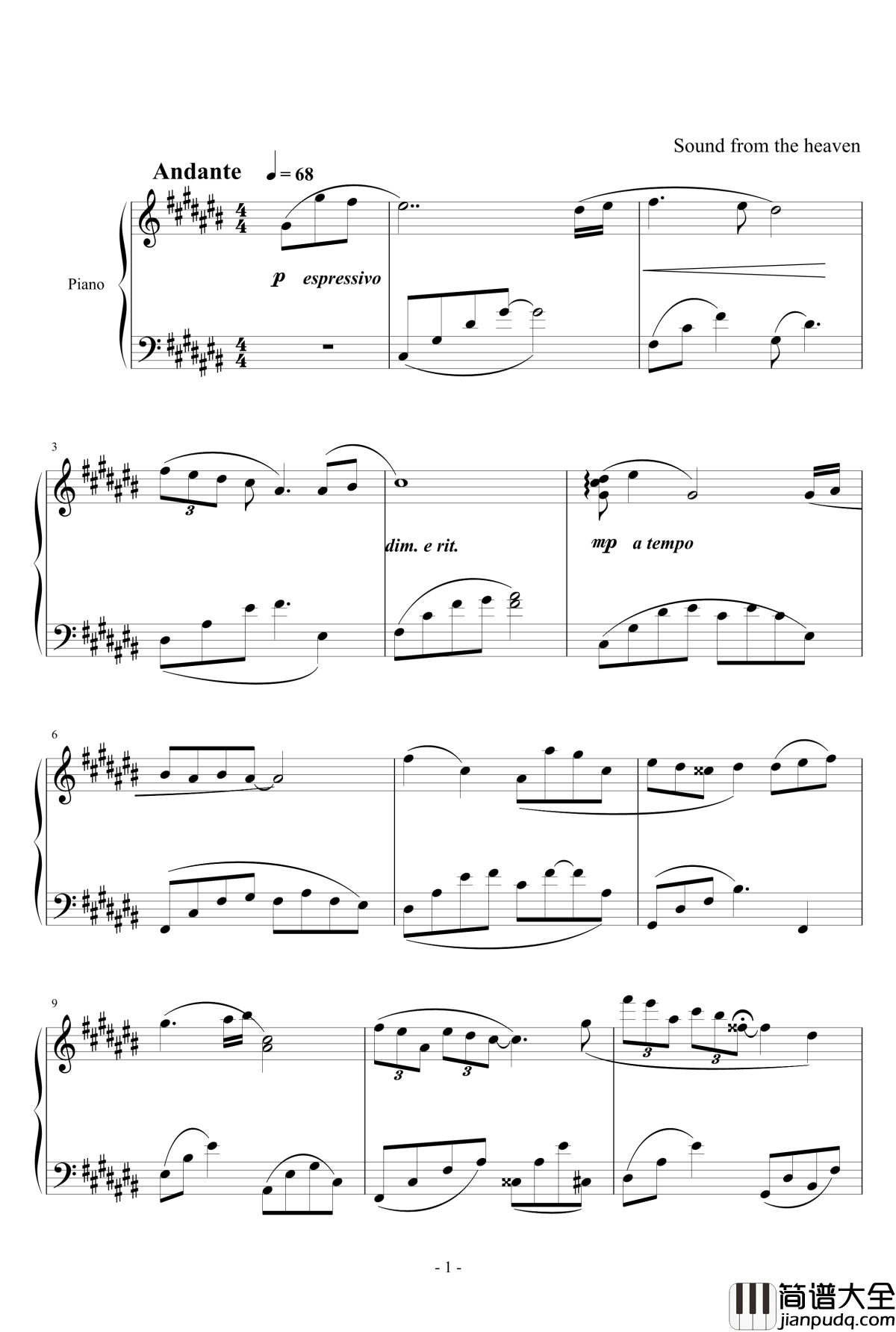 淡淡的阳光钢琴谱_天籁传声
