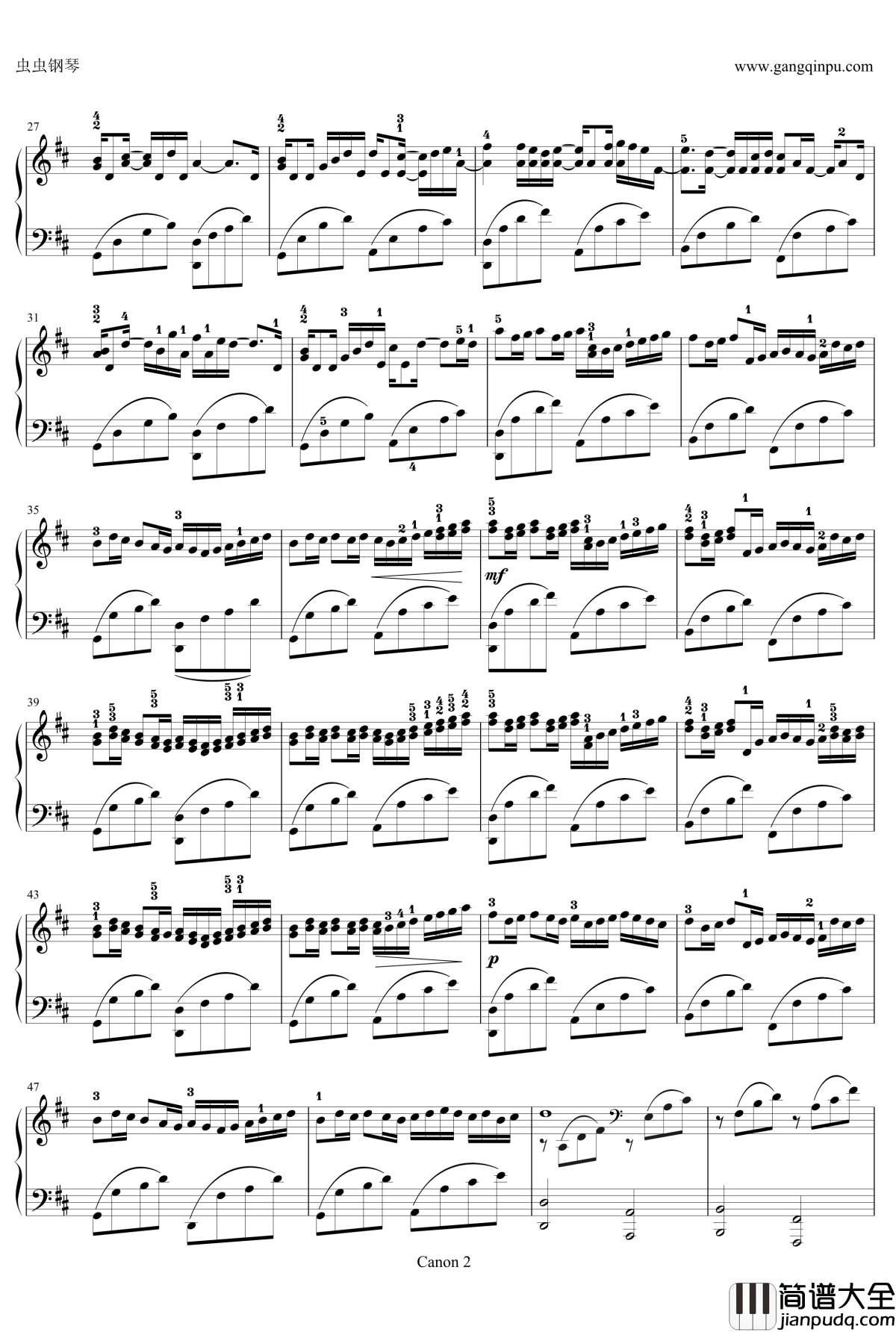 卡农变奏曲钢琴谱_D调原调George_Winsten版本_帕赫贝尔