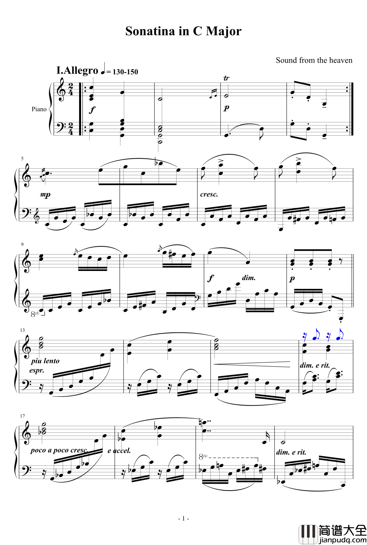 C大调小奏鸣曲钢琴谱_第一乐章_天籁传声
