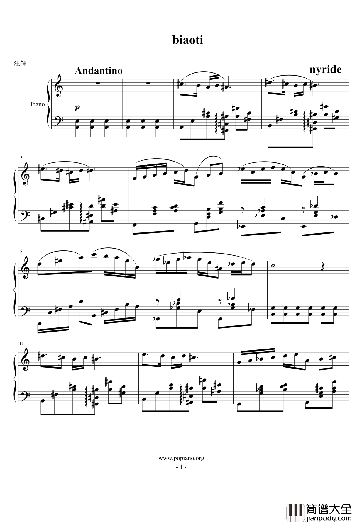 biaoti钢琴谱_nyride