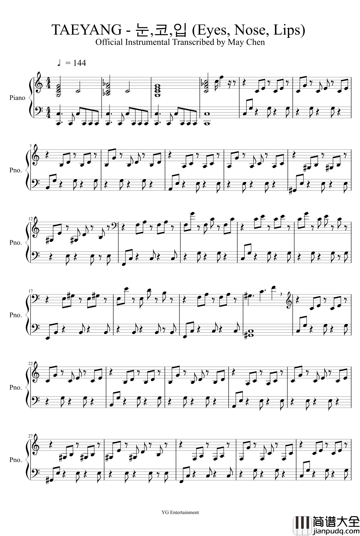 Taeyang钢琴谱_Eyes,Nose,Lips_instrumental(钢琴伴奏）
