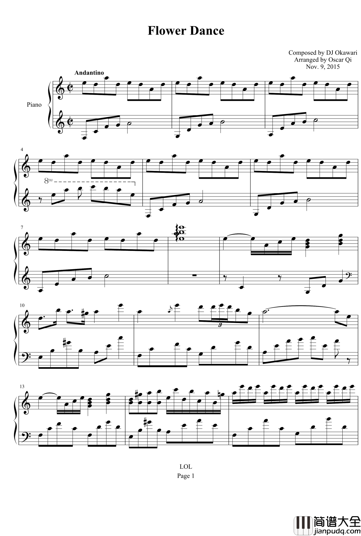 Flower_Dance钢琴谱_C调钢琴独奏简易唯美版_DJ_Okawari