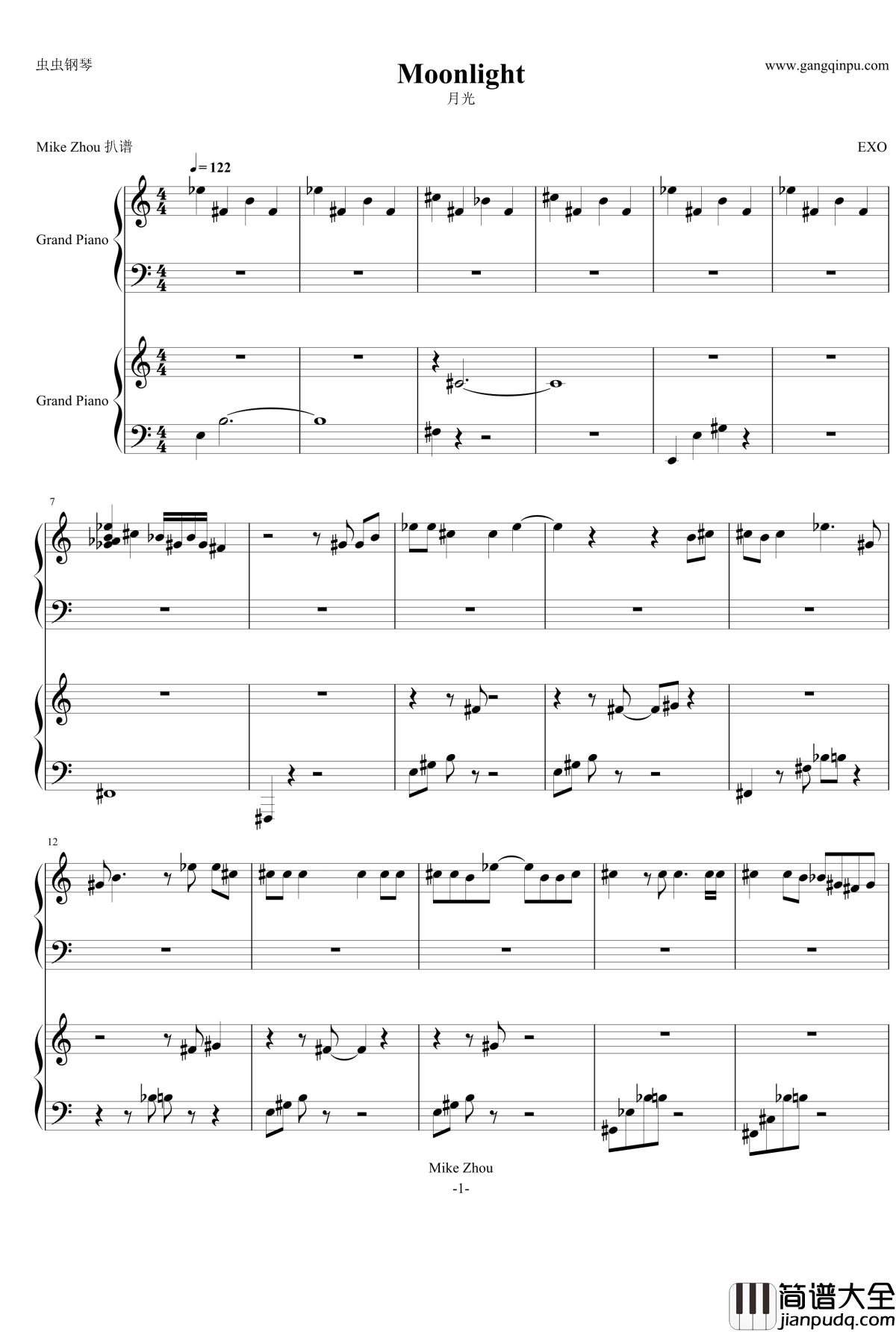 月光钢琴谱_moonlight_EXO