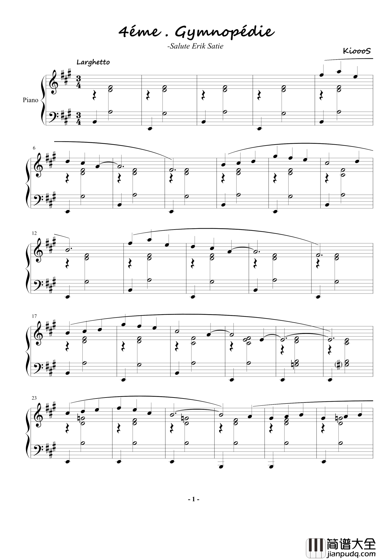 4éme.Gymnopédie钢琴谱_KioooS