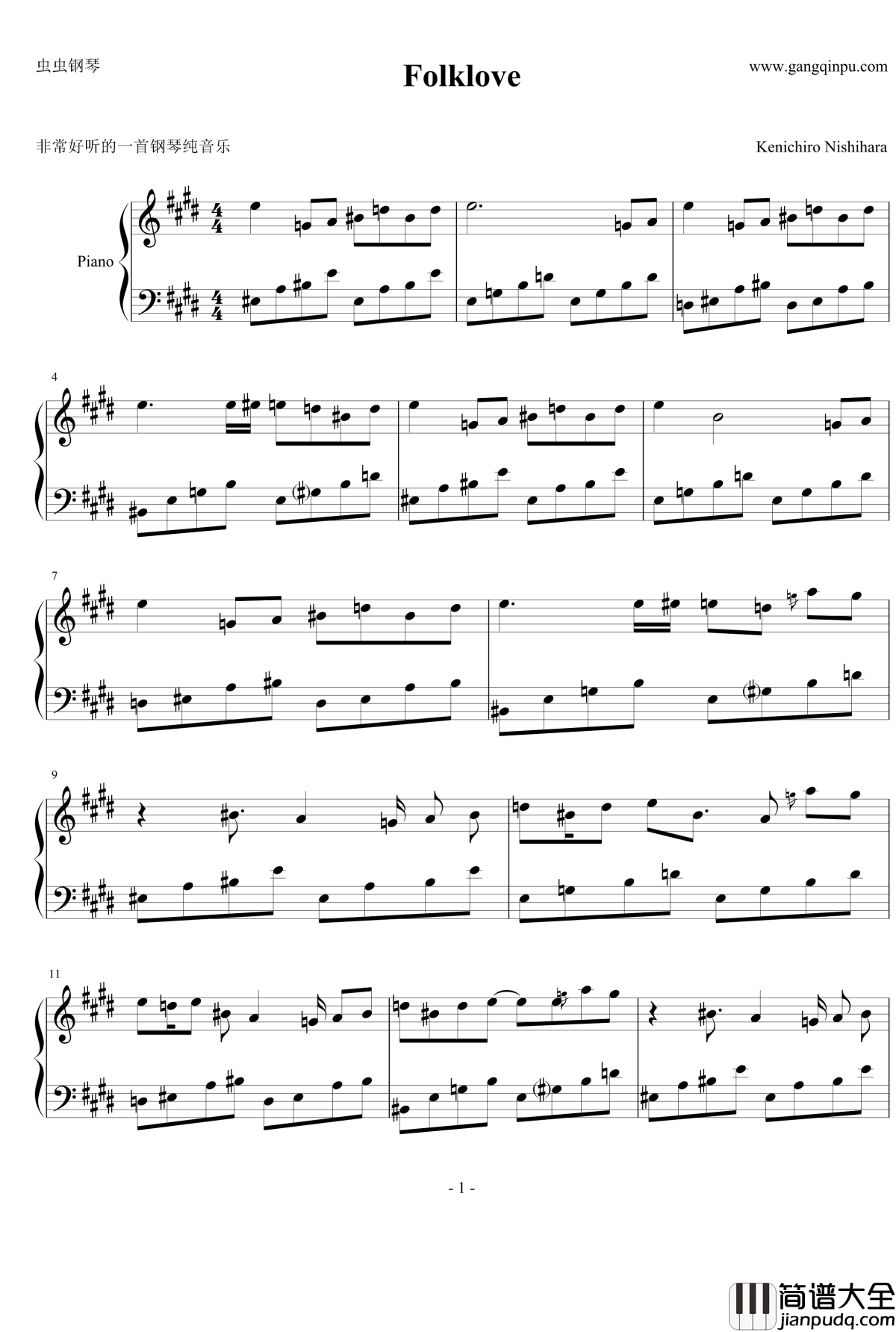 Folklove钢琴谱_Kenichiro_Nishihara