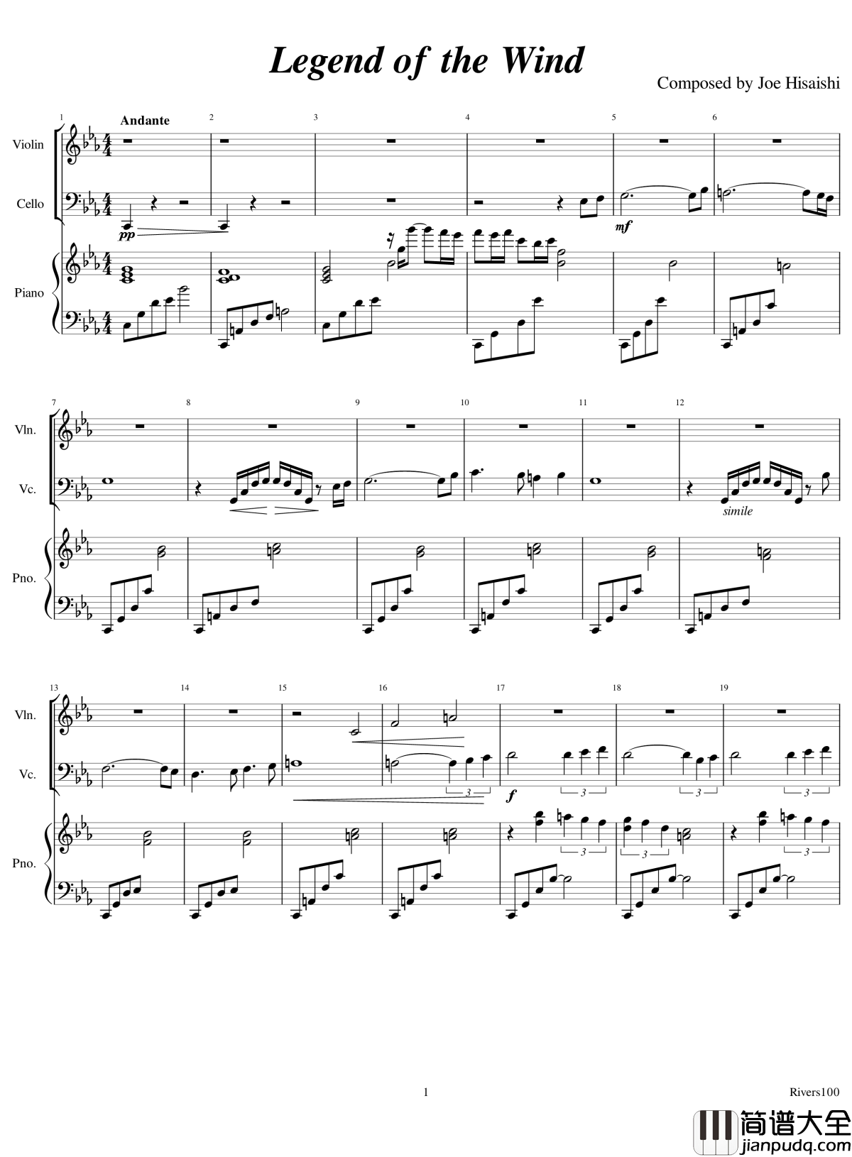 Legend_of_the_Wind钢琴谱_Trio_久石让_三重奏
