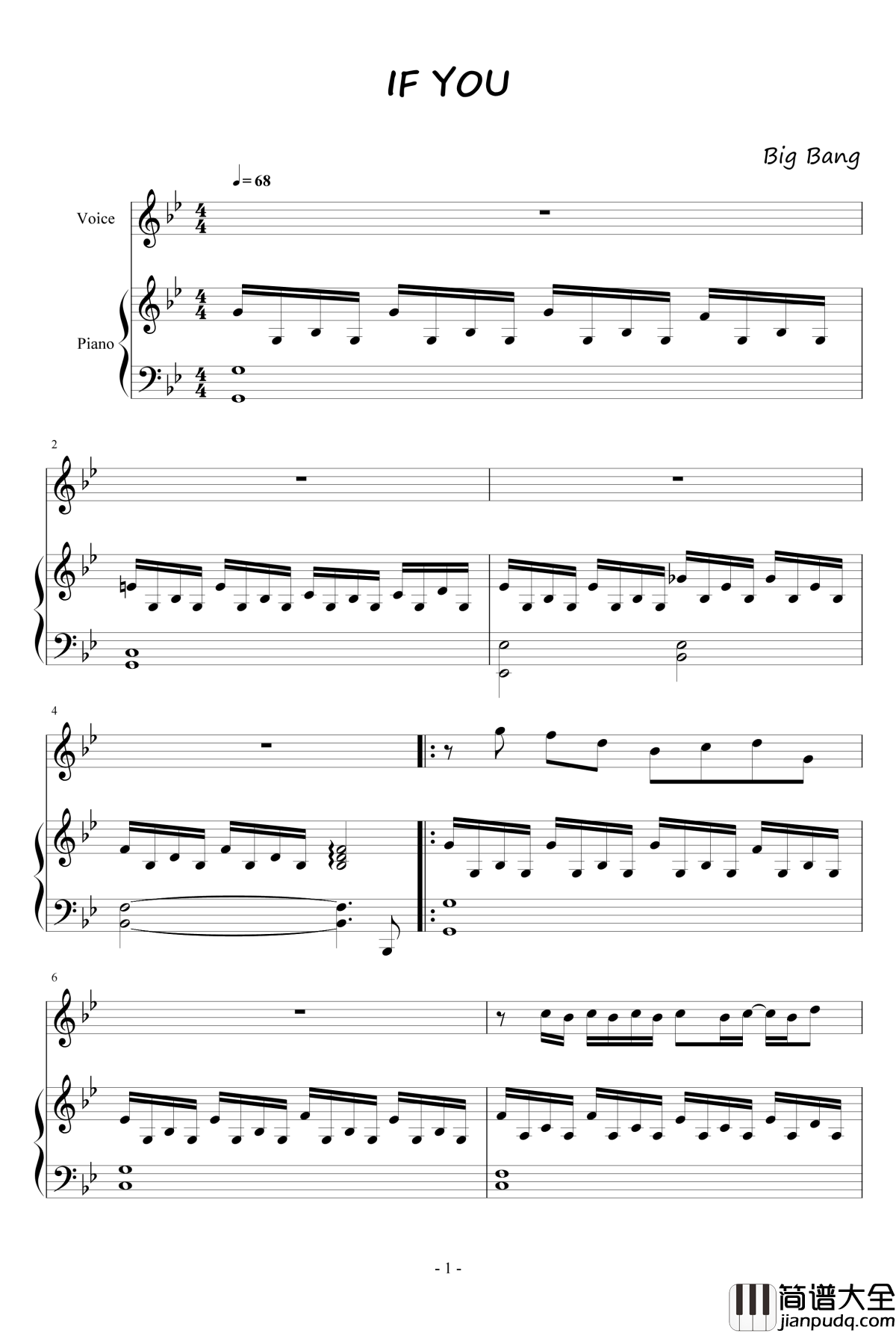IF_YOU钢琴谱男声版_BigBang_低碳伴奏