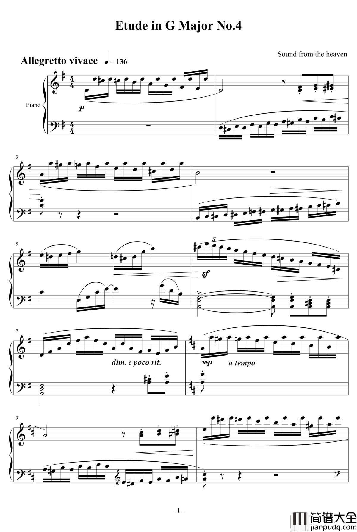 奋斗练习曲钢琴谱—G大调练习曲No.4_天籁传声