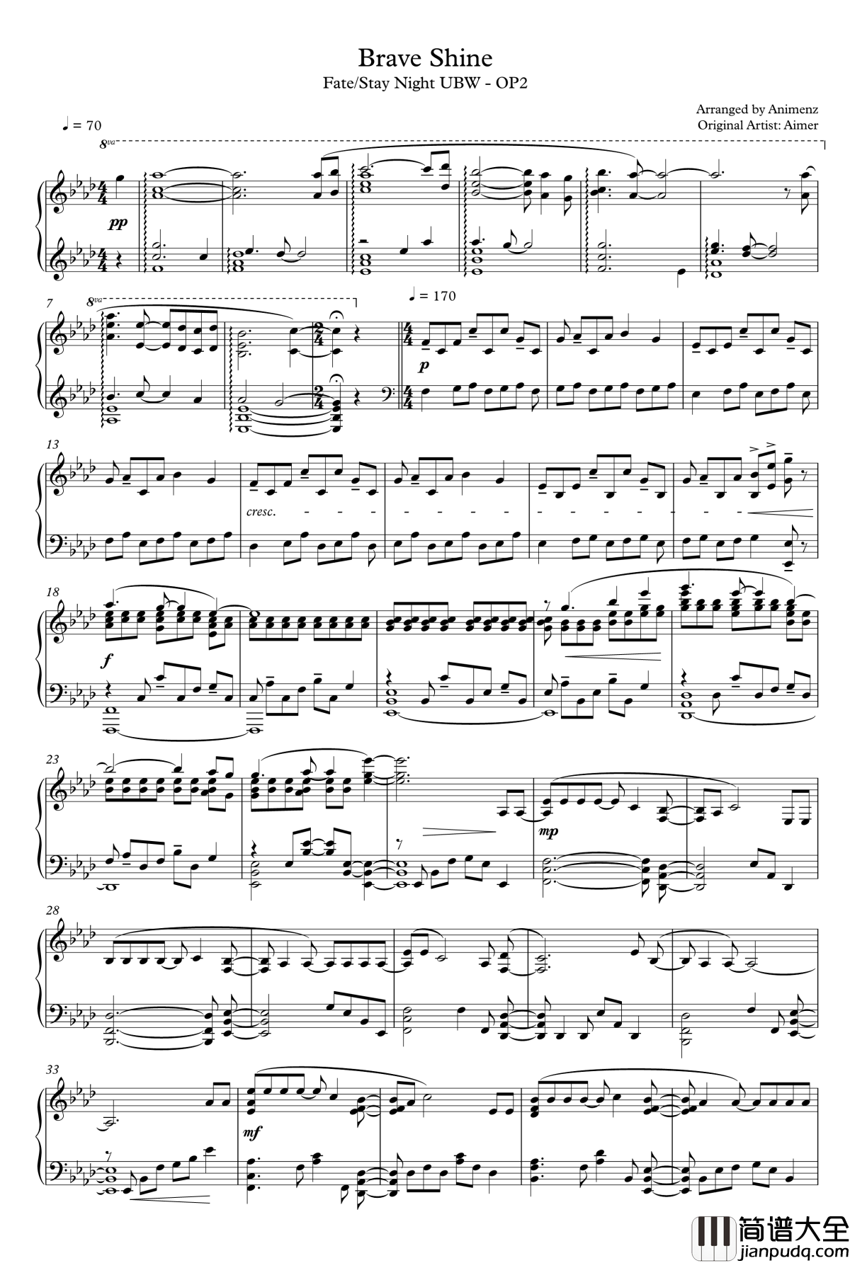 Brave_Shine钢琴谱_animenzzz