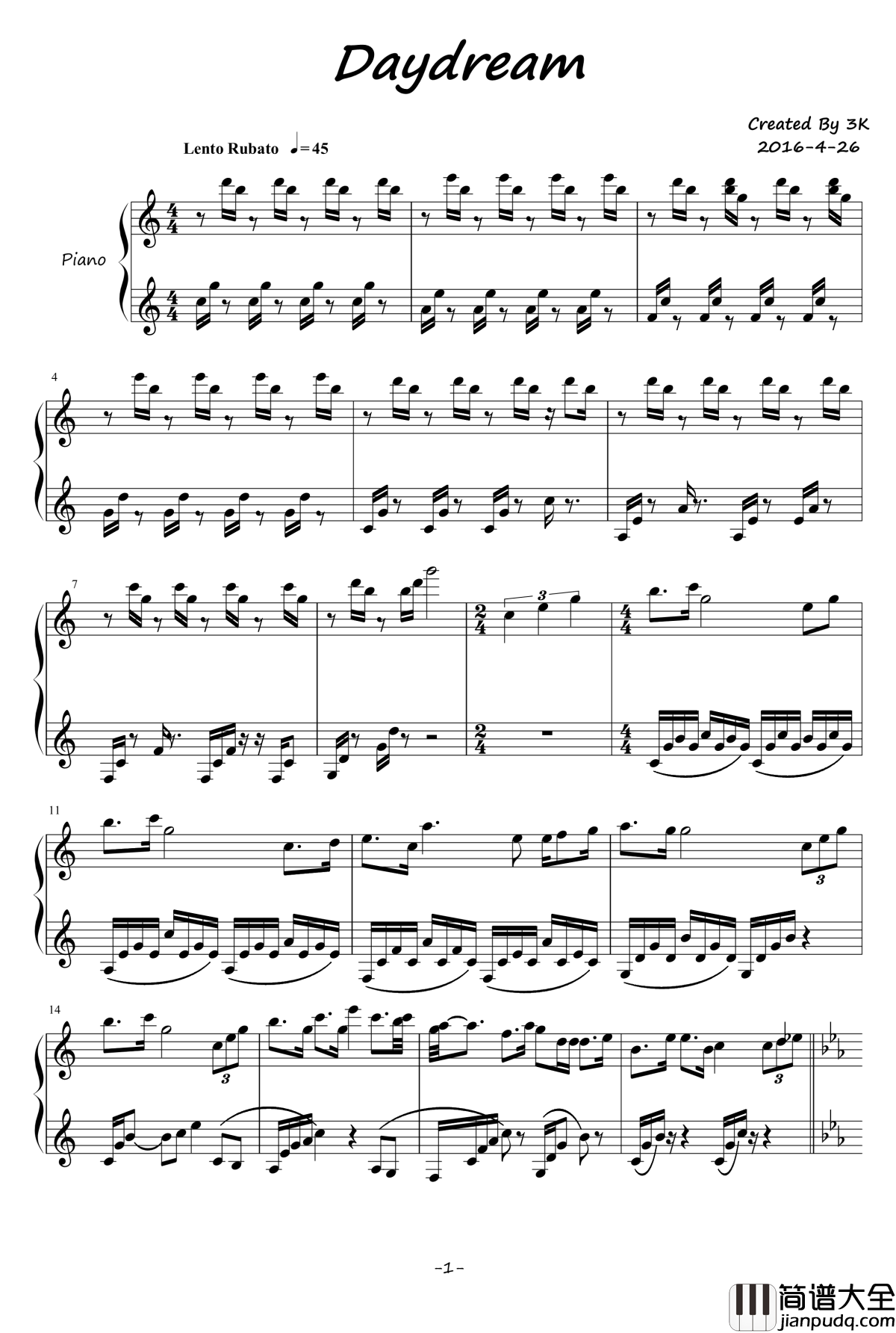 Daydream钢琴谱_Ku.Klux.Klan