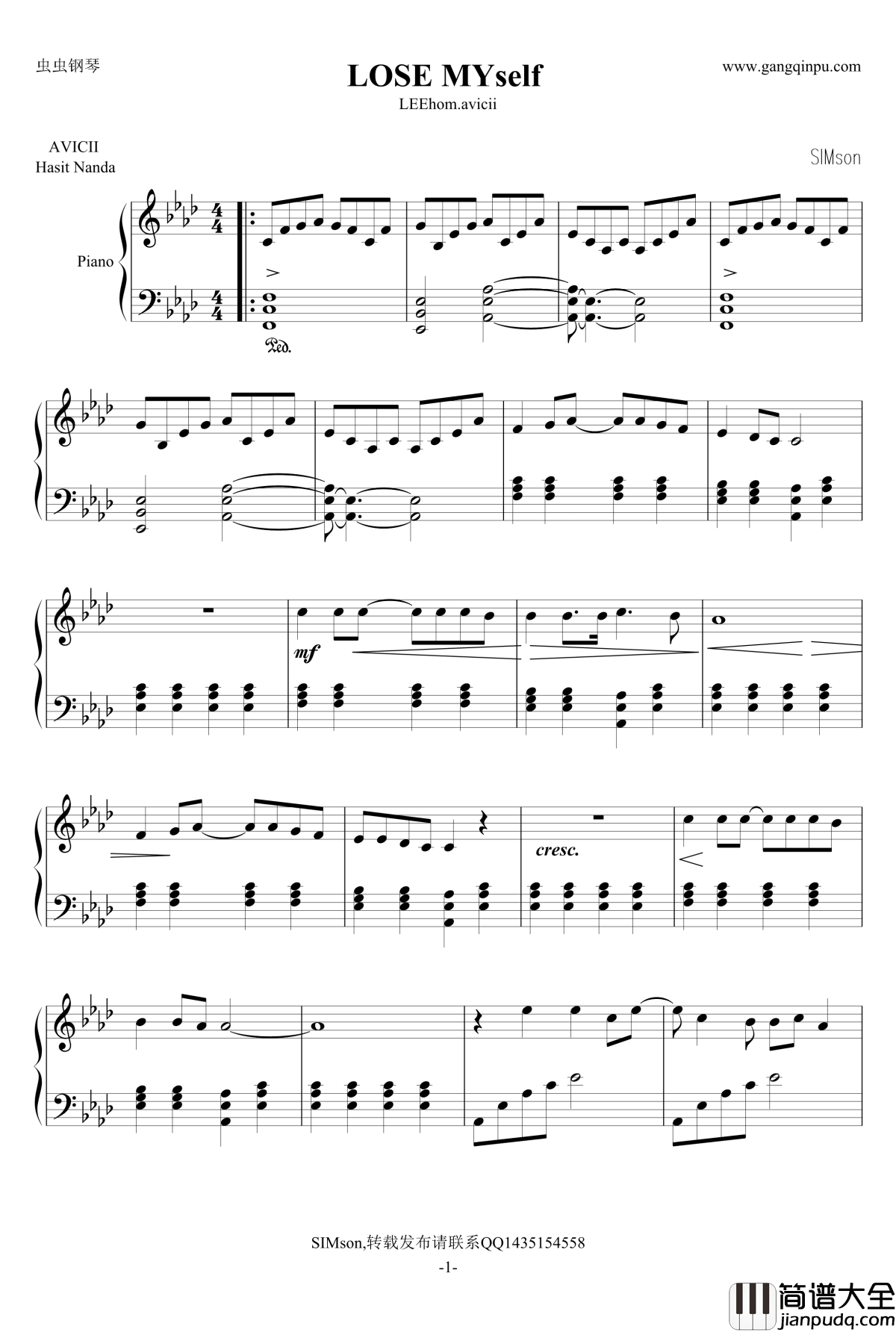忘我钢琴谱_lose_myself_王力宏
