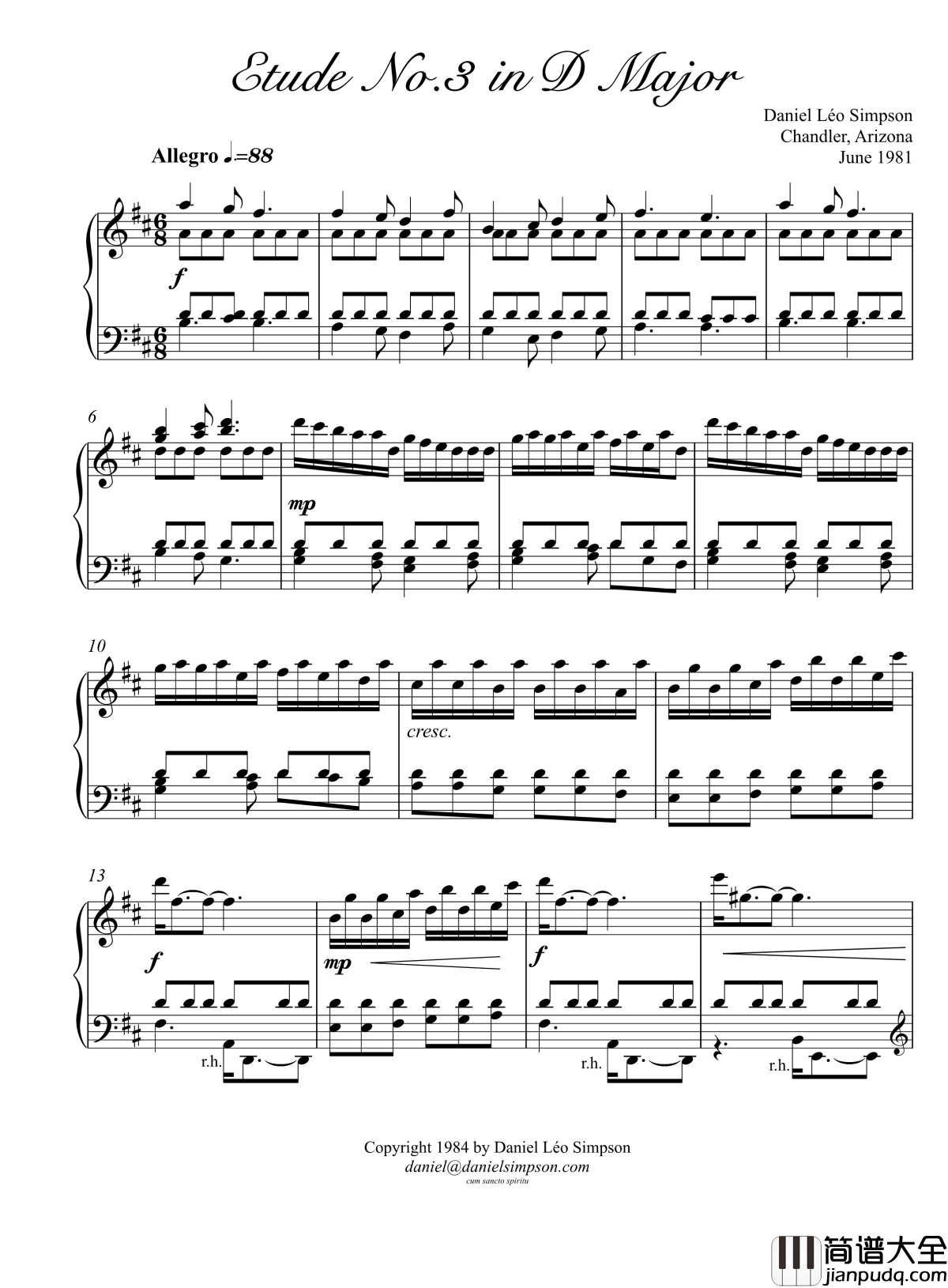 辛普森D大调第三练习曲钢琴谱_辛普森