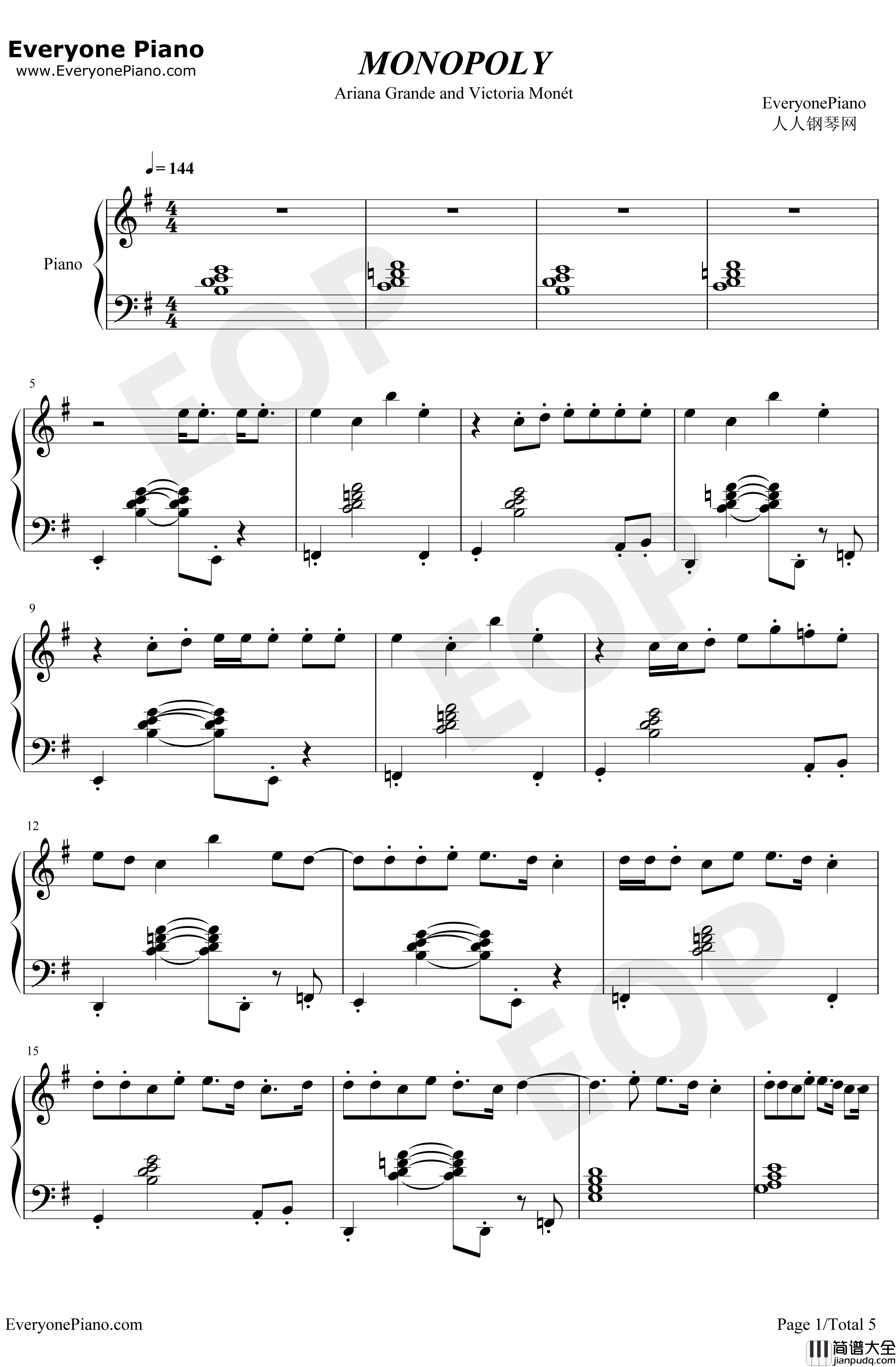 Monopoly钢琴谱_Ariana_Grande_Victoria_Monet
