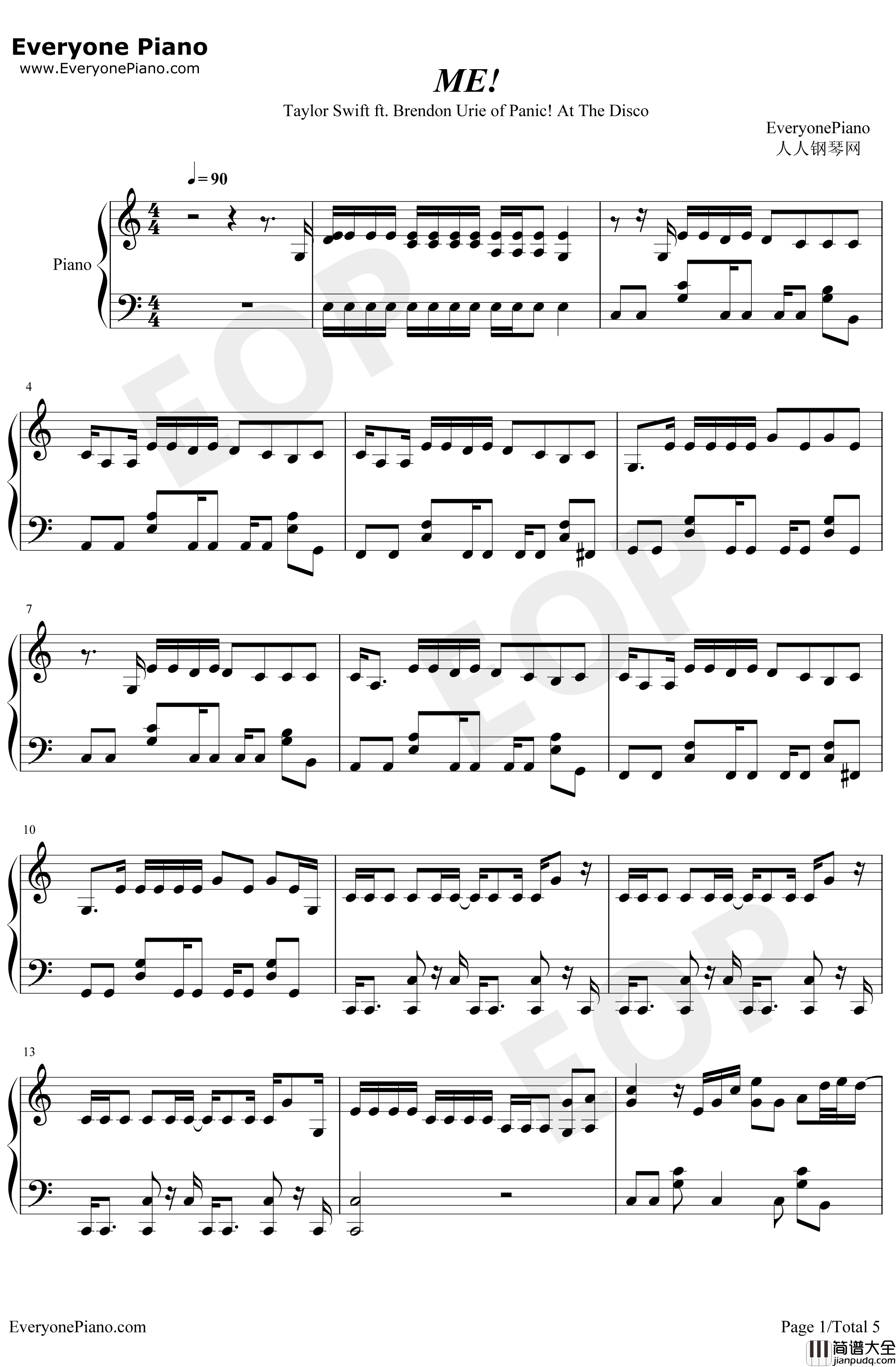 Me钢琴谱_TaylorSwiftBrendonUrie