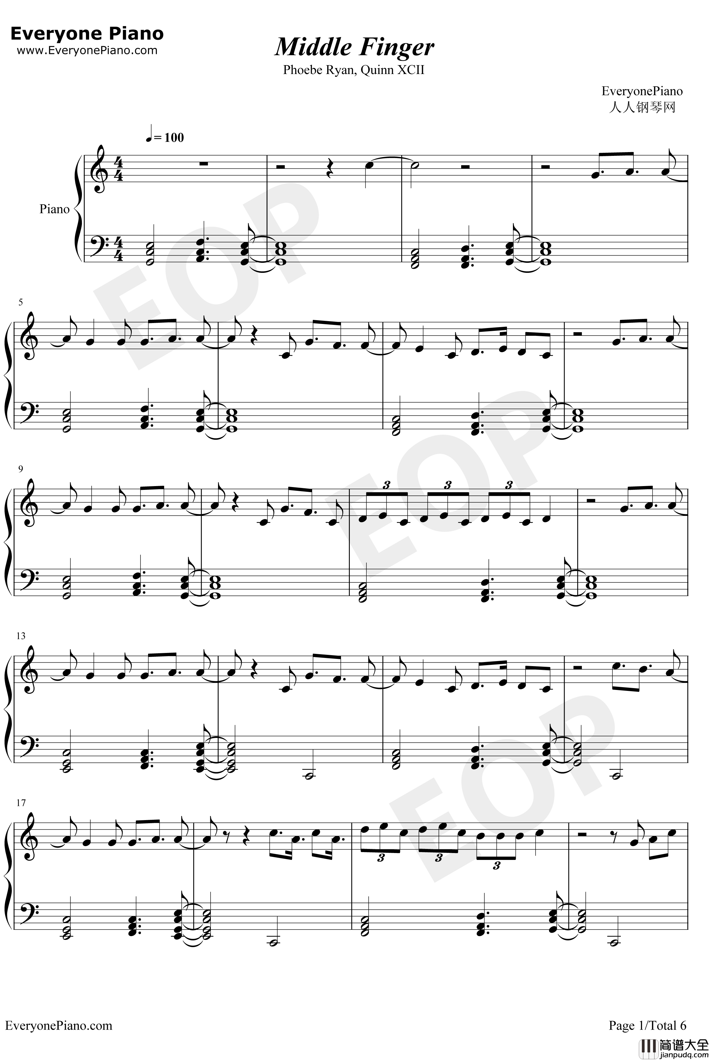 Middle_Finger钢琴谱_PhoebeRyanQuinnXCII