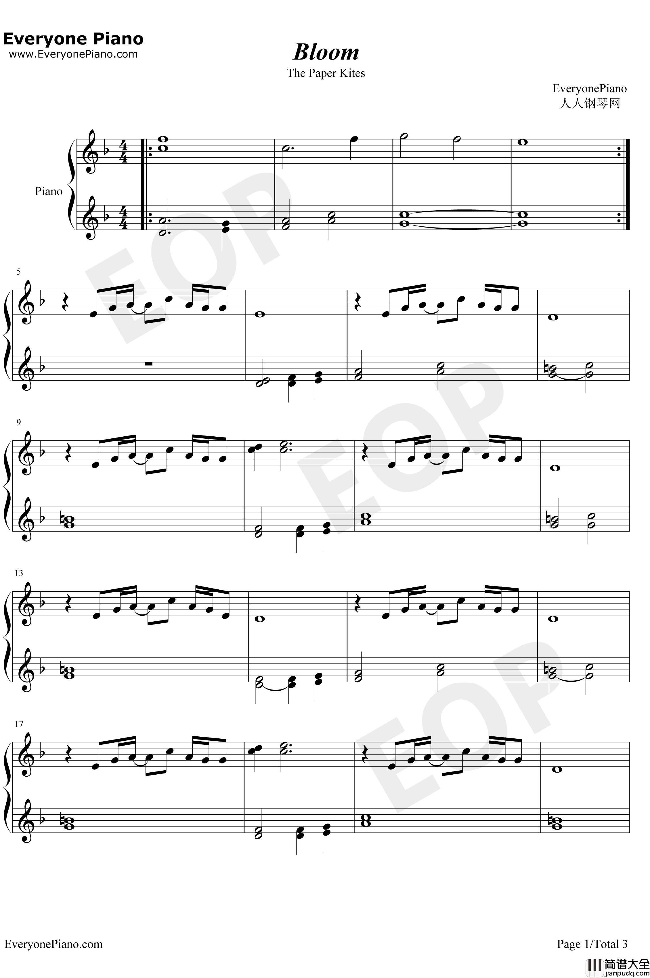 Bloom钢琴谱_ThePaperKites