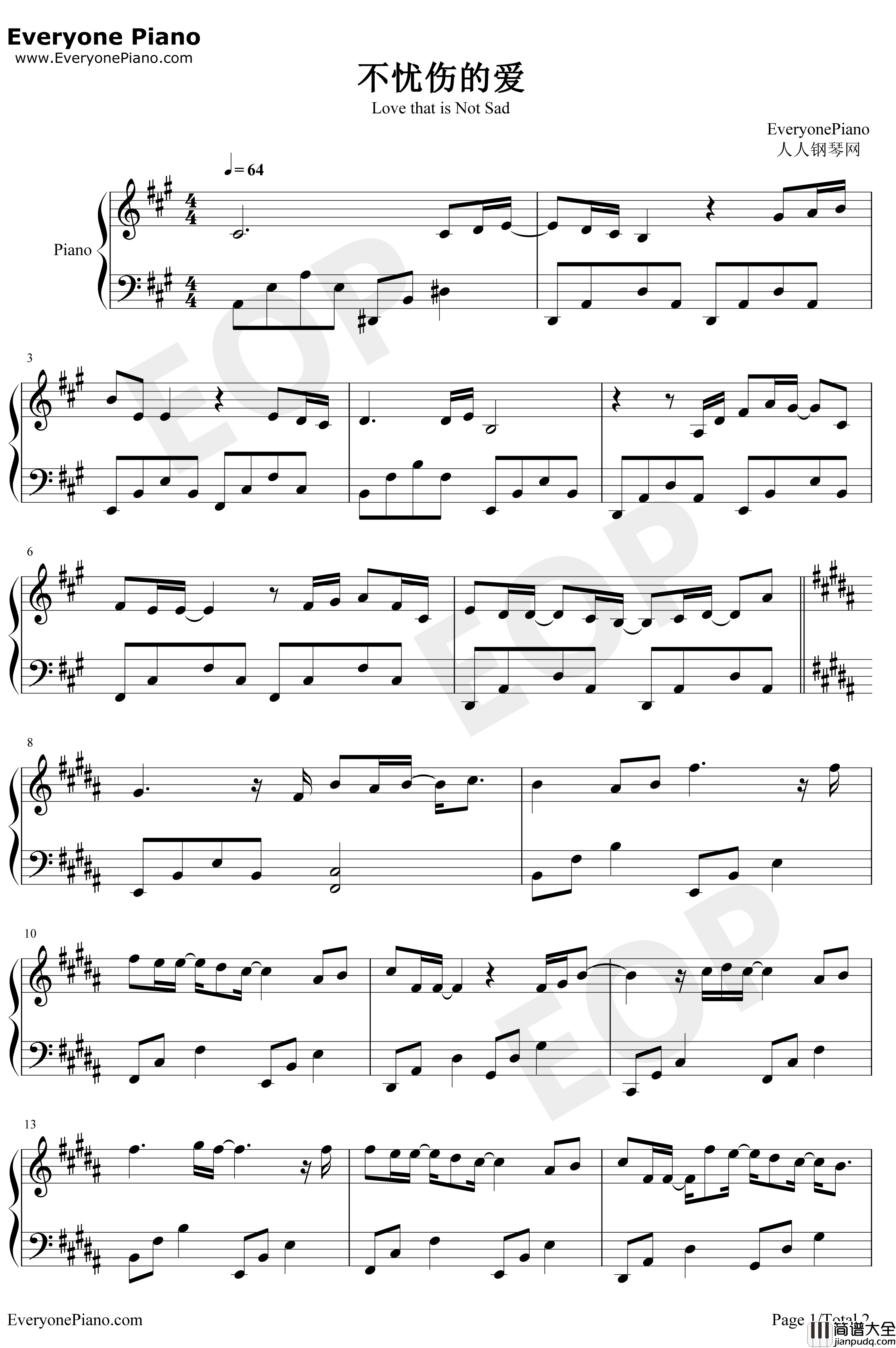 不忧伤的爱钢琴谱_钟汉良_凉生我们可不可以不忧伤片头曲