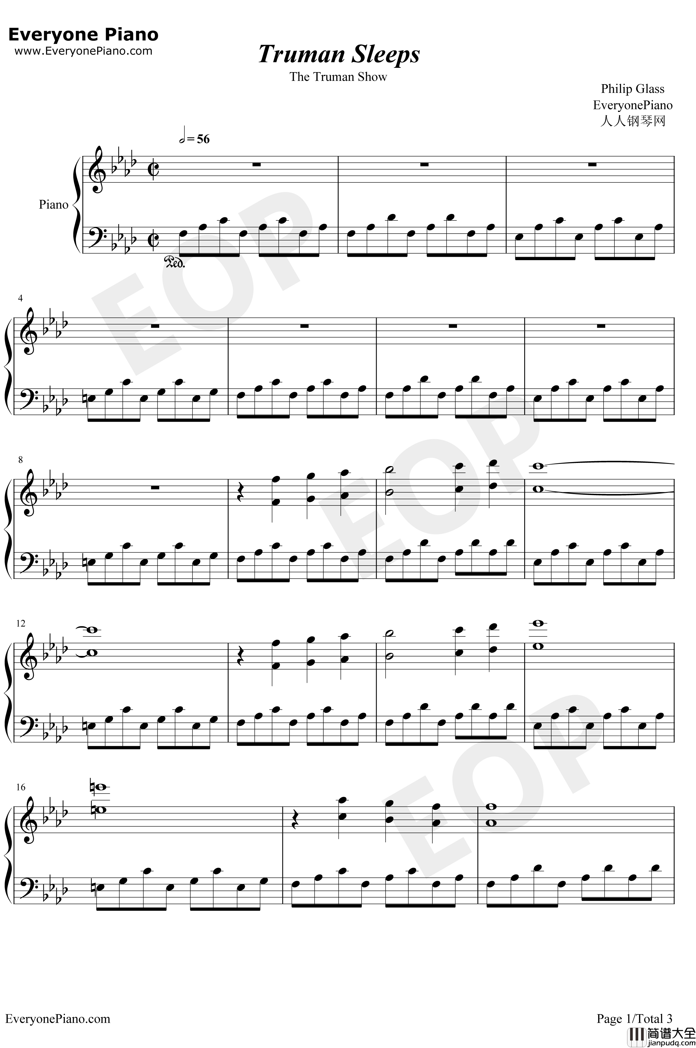 Truman_Sleeps钢琴谱_PhilipGlass_楚门的世界OST