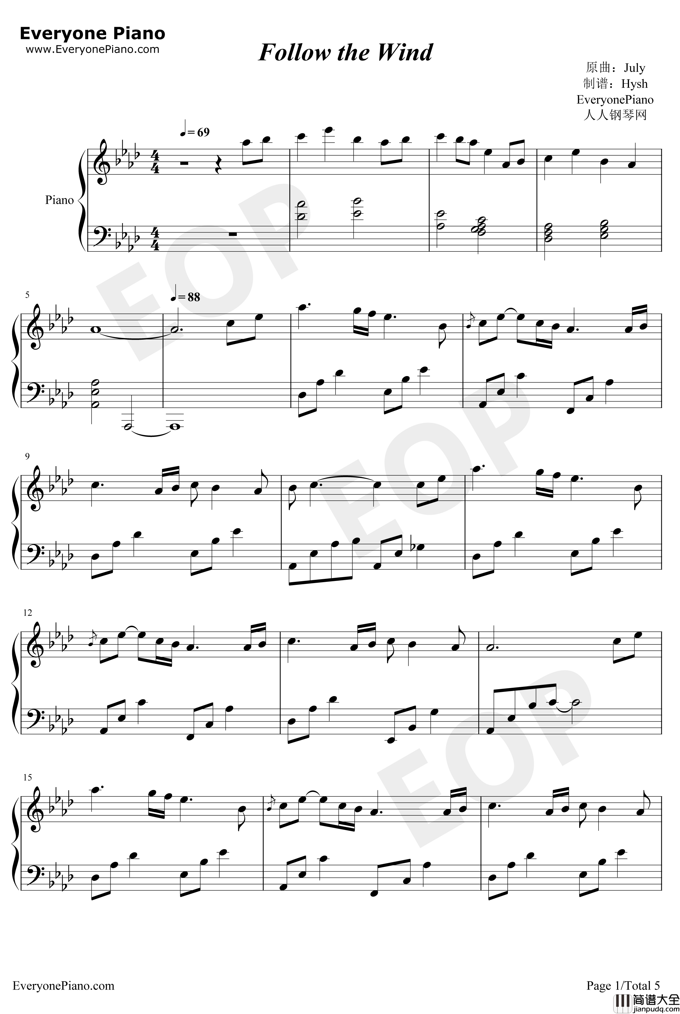 Follow_the_Wind钢琴谱_July