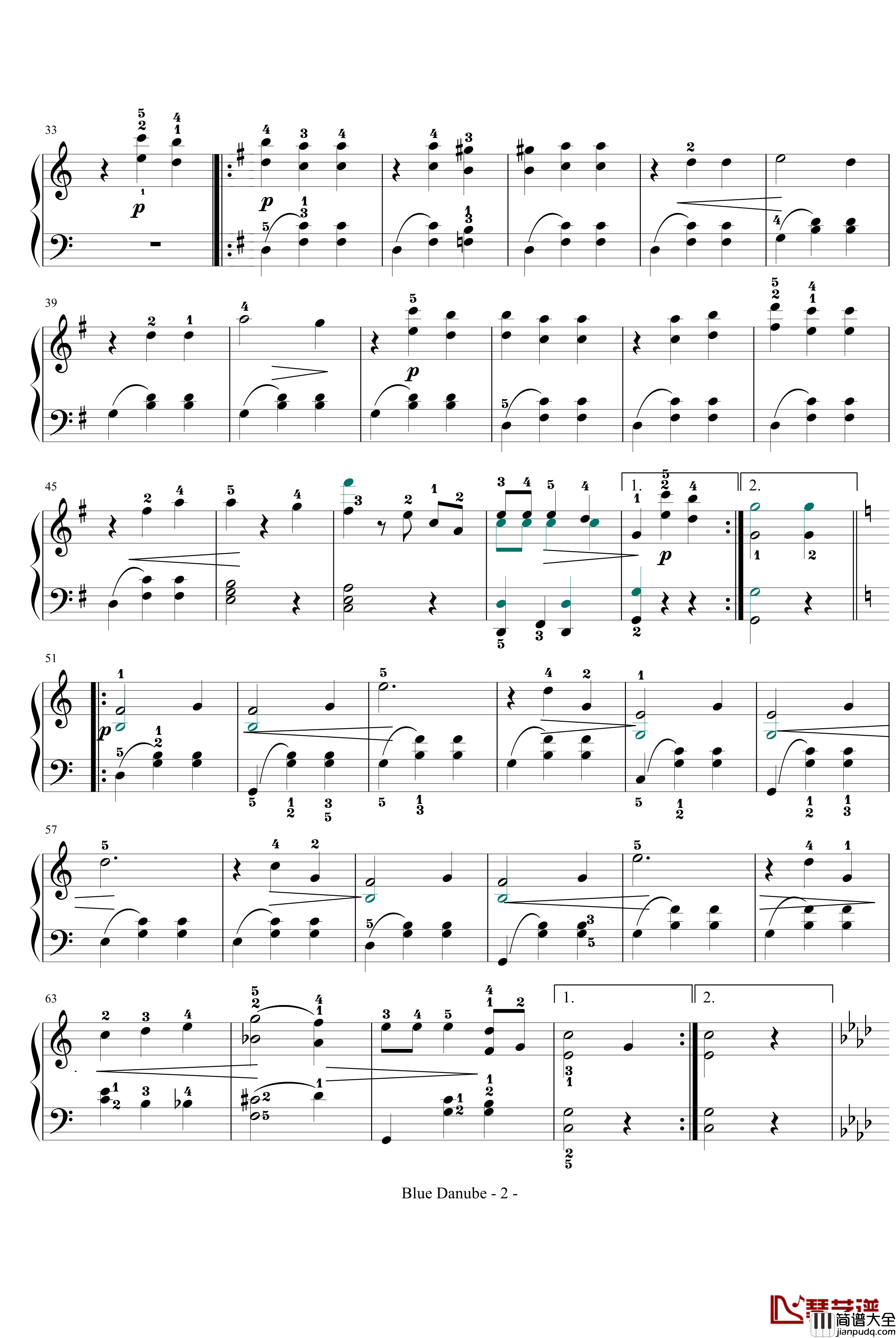 蓝色多瑙河钢琴谱_完整_带指法简化_约翰·斯特劳斯