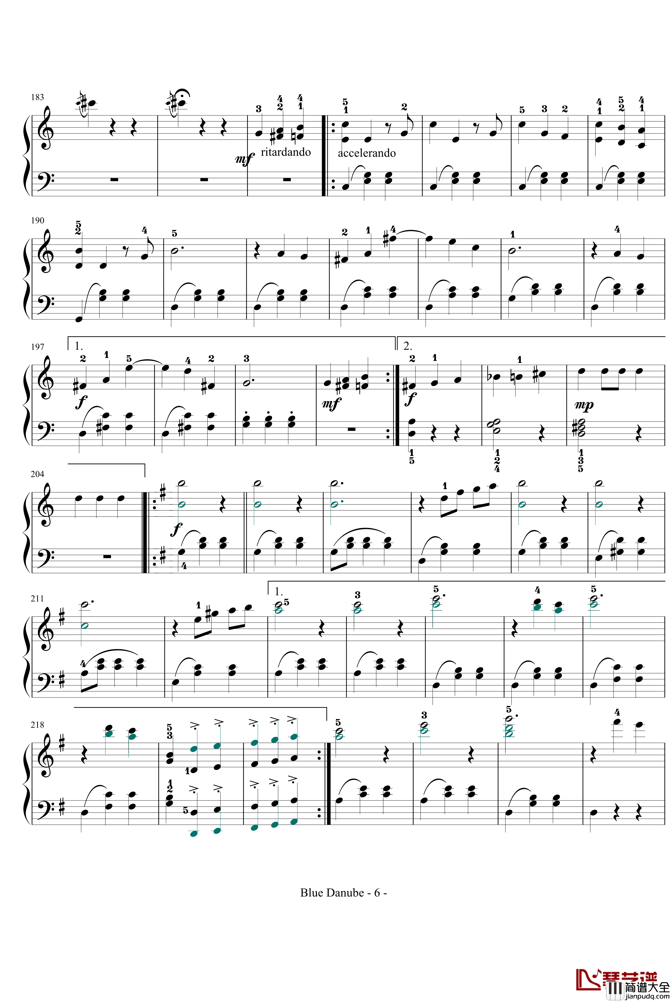 蓝色多瑙河钢琴谱_完整_带指法简化_约翰·斯特劳斯