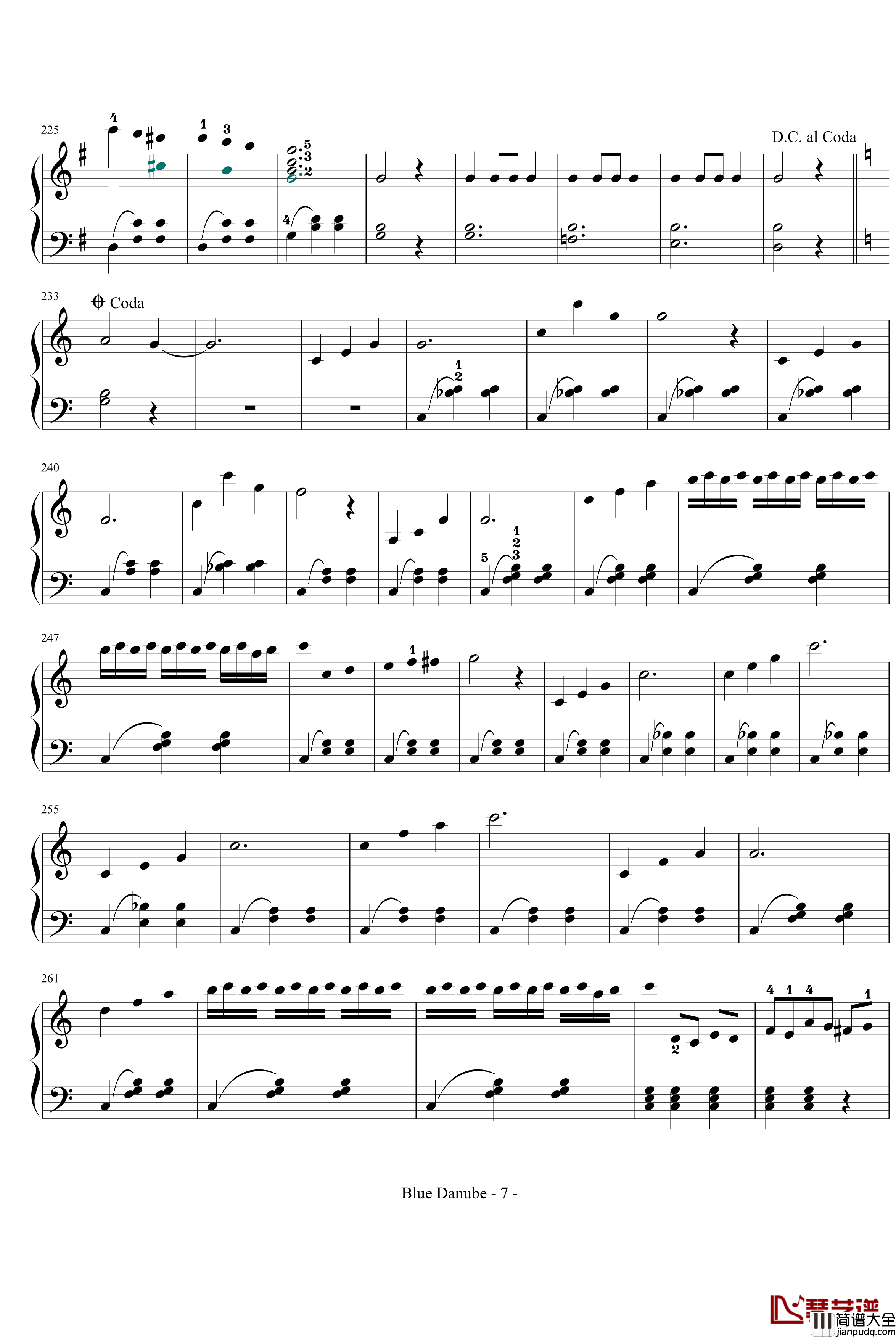 蓝色多瑙河钢琴谱_完整_带指法简化_约翰·斯特劳斯