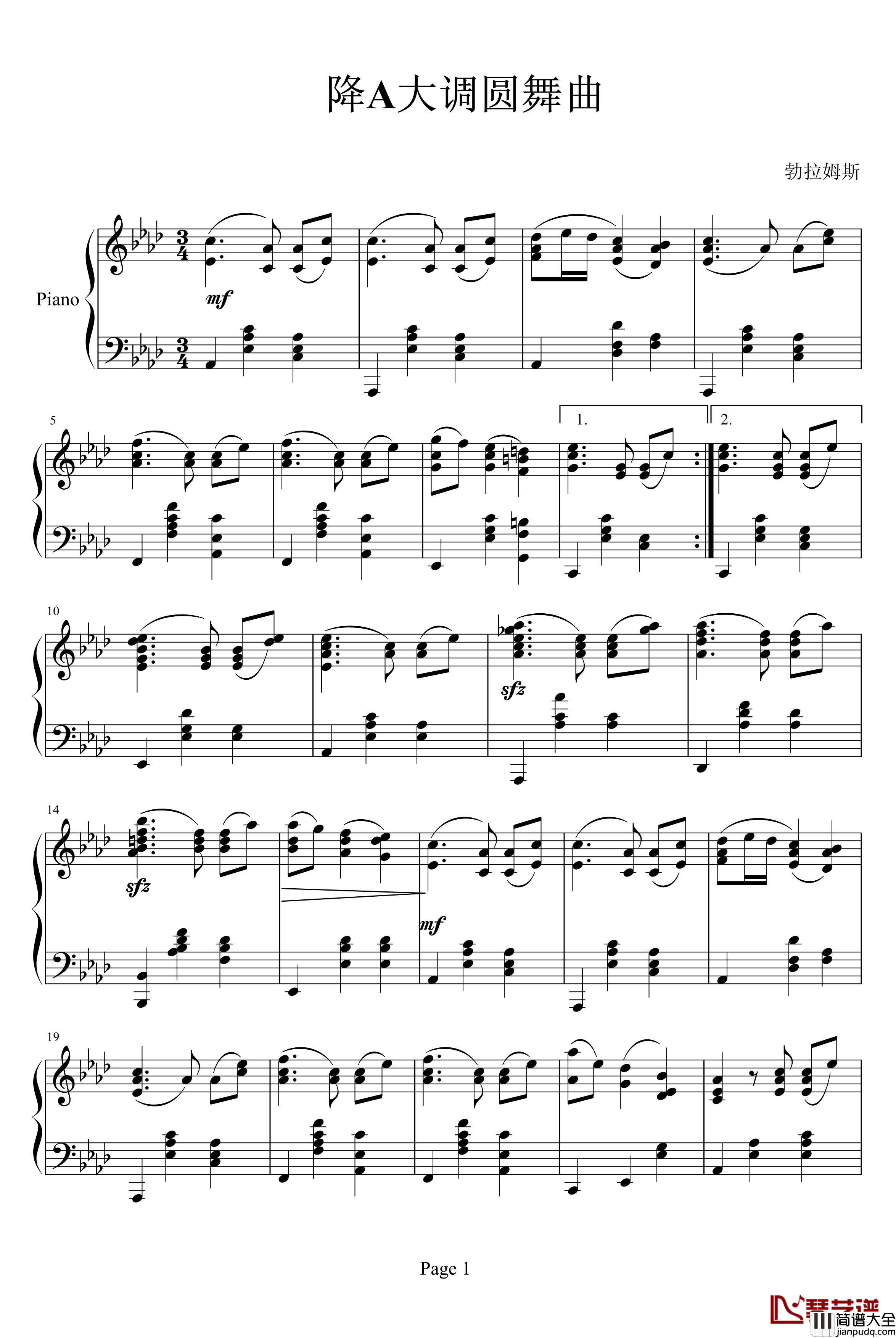 降A大调圆舞曲Op39NO.15钢琴谱_勃拉姆斯_Brahms