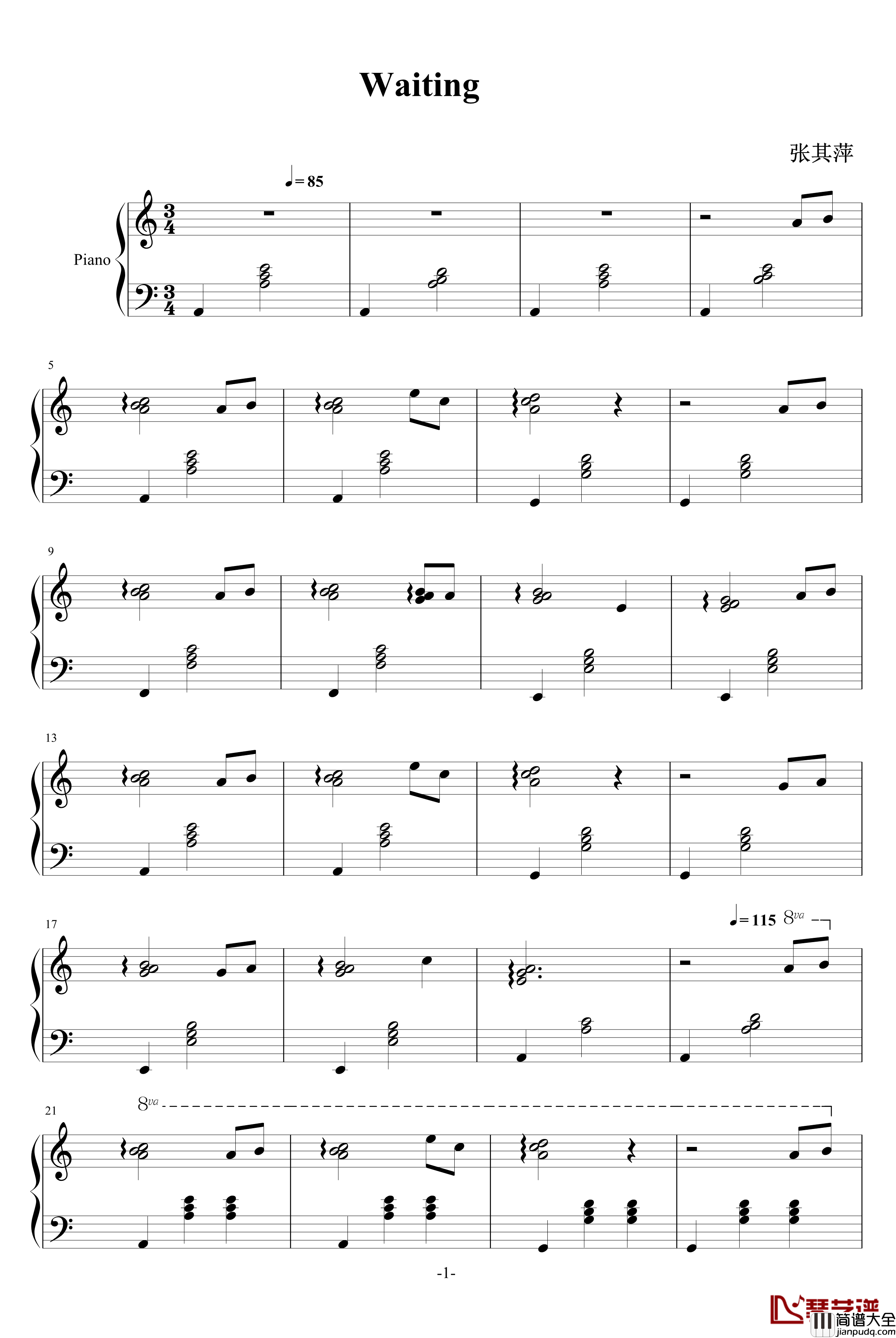 Waiting钢琴谱_快乐甜筒