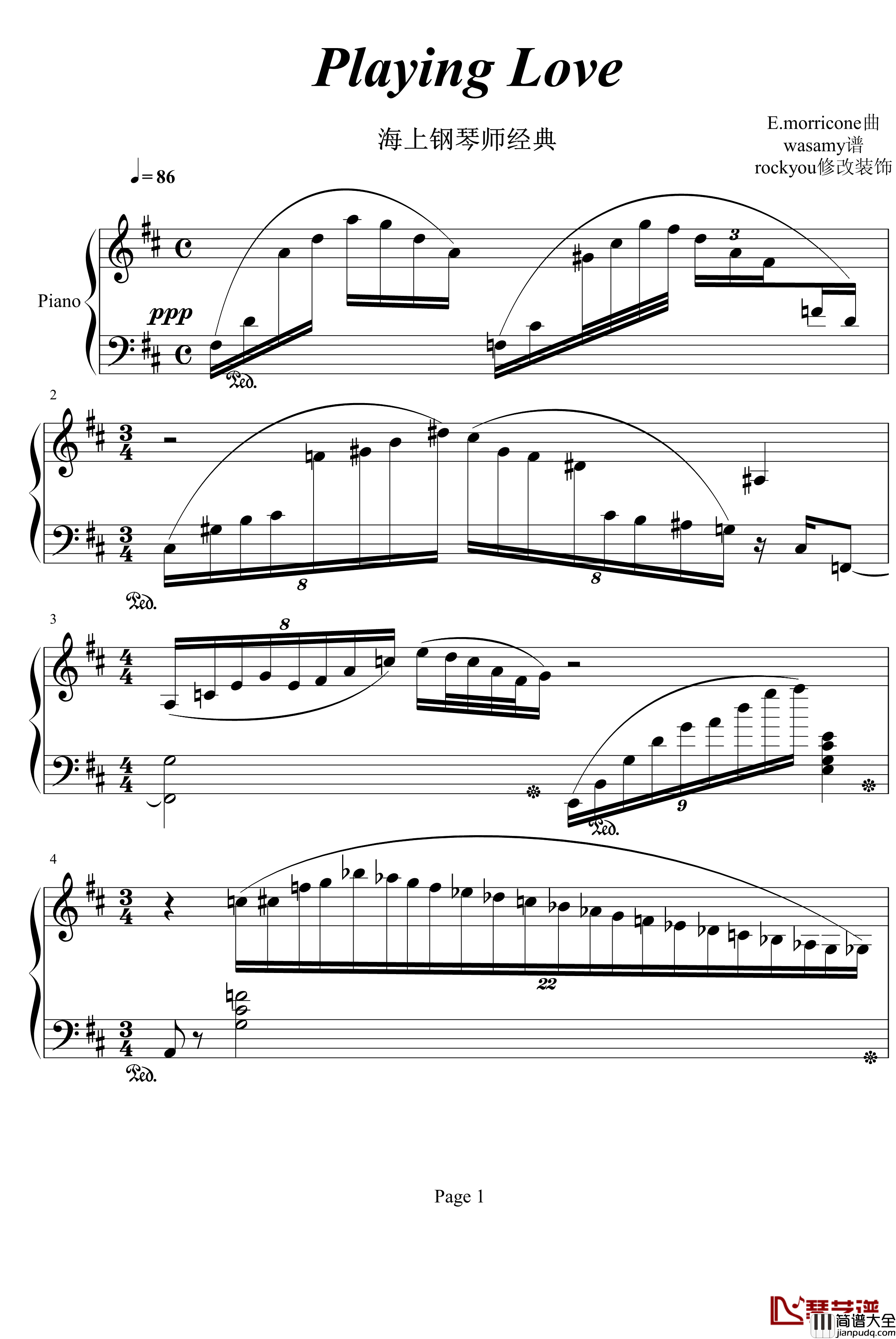 Playing_love钢琴谱_海上钢琴师经典