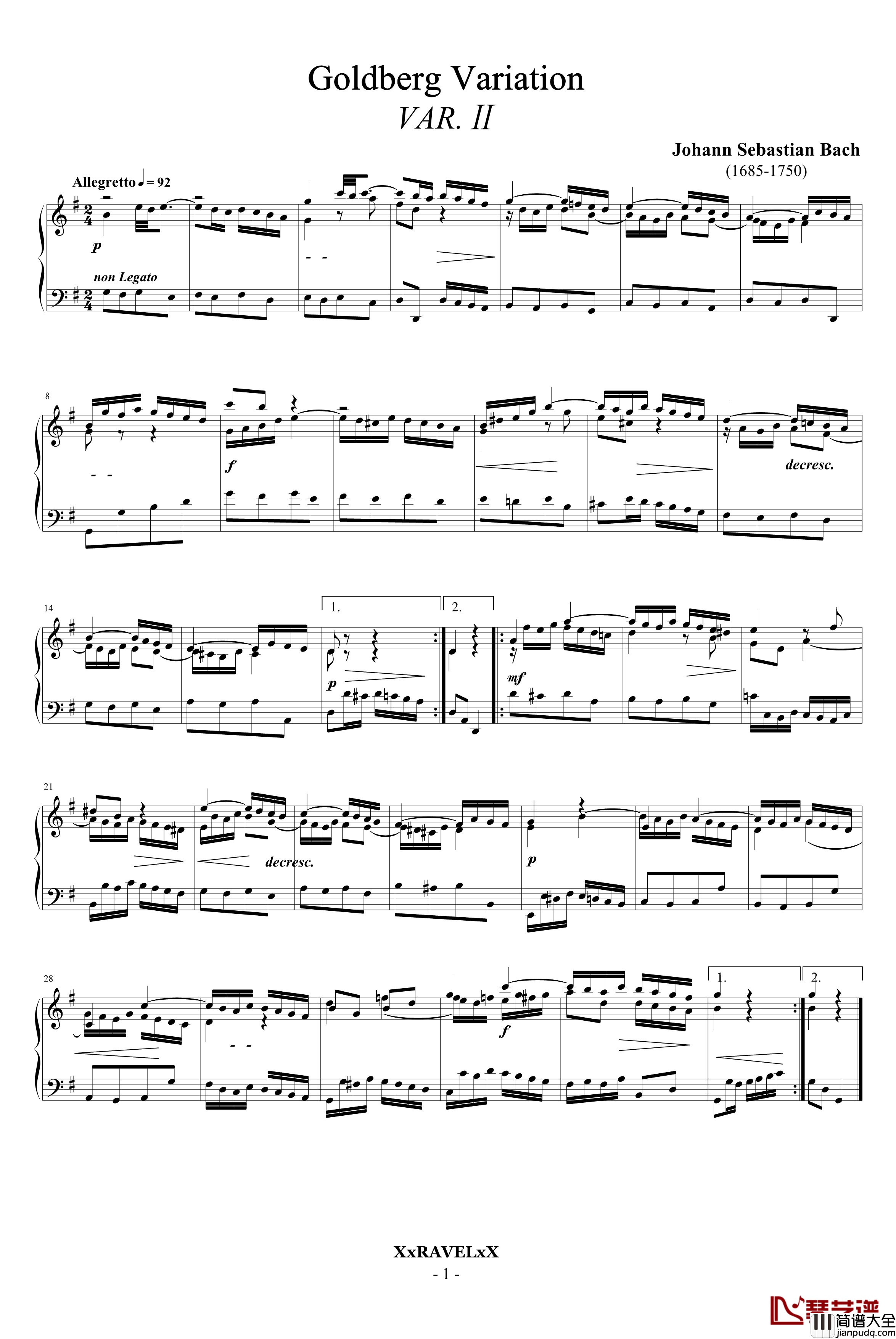 哥德堡变奏曲钢琴谱_Var.2_巴赫
