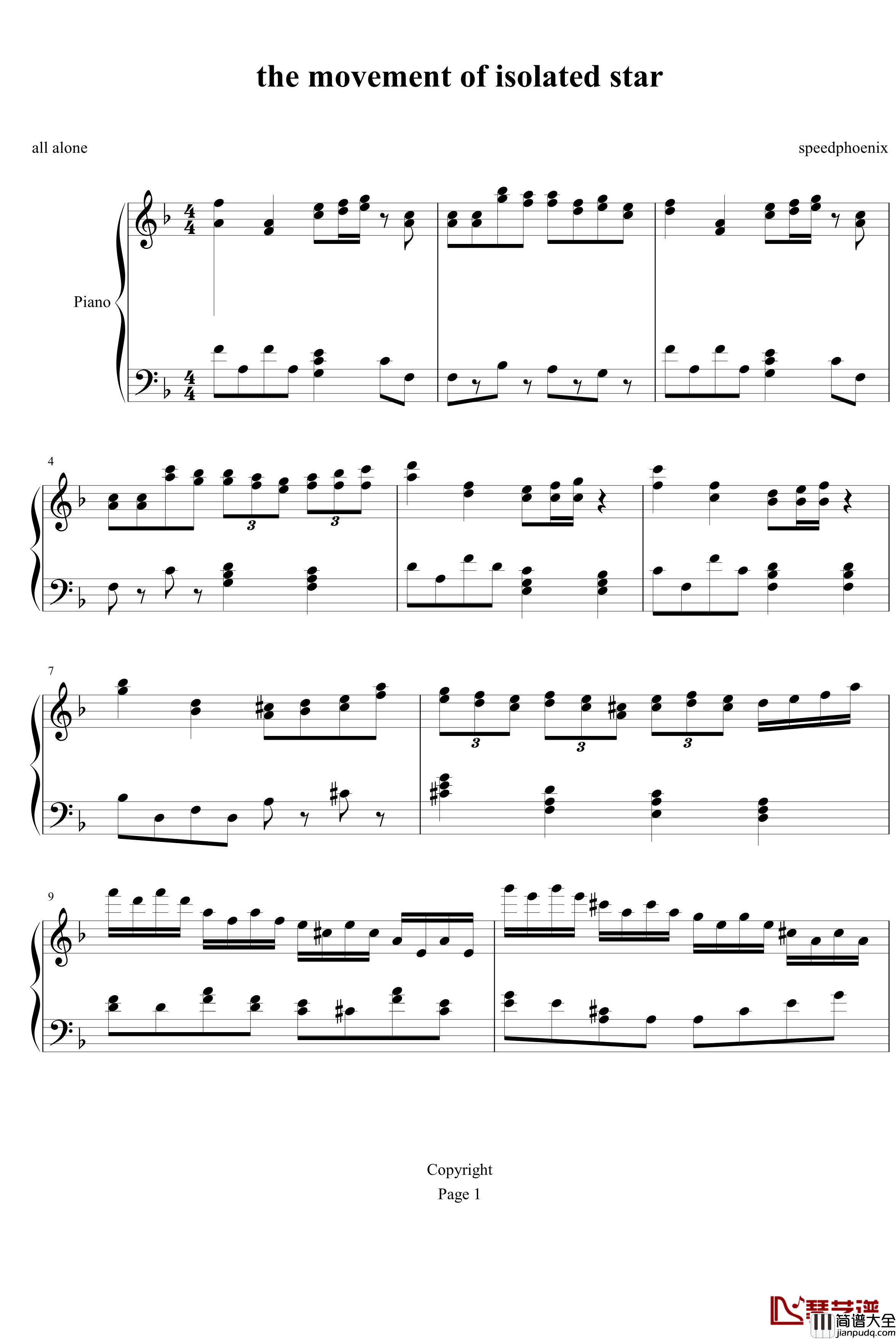 孤星钢琴谱_speedphoenix