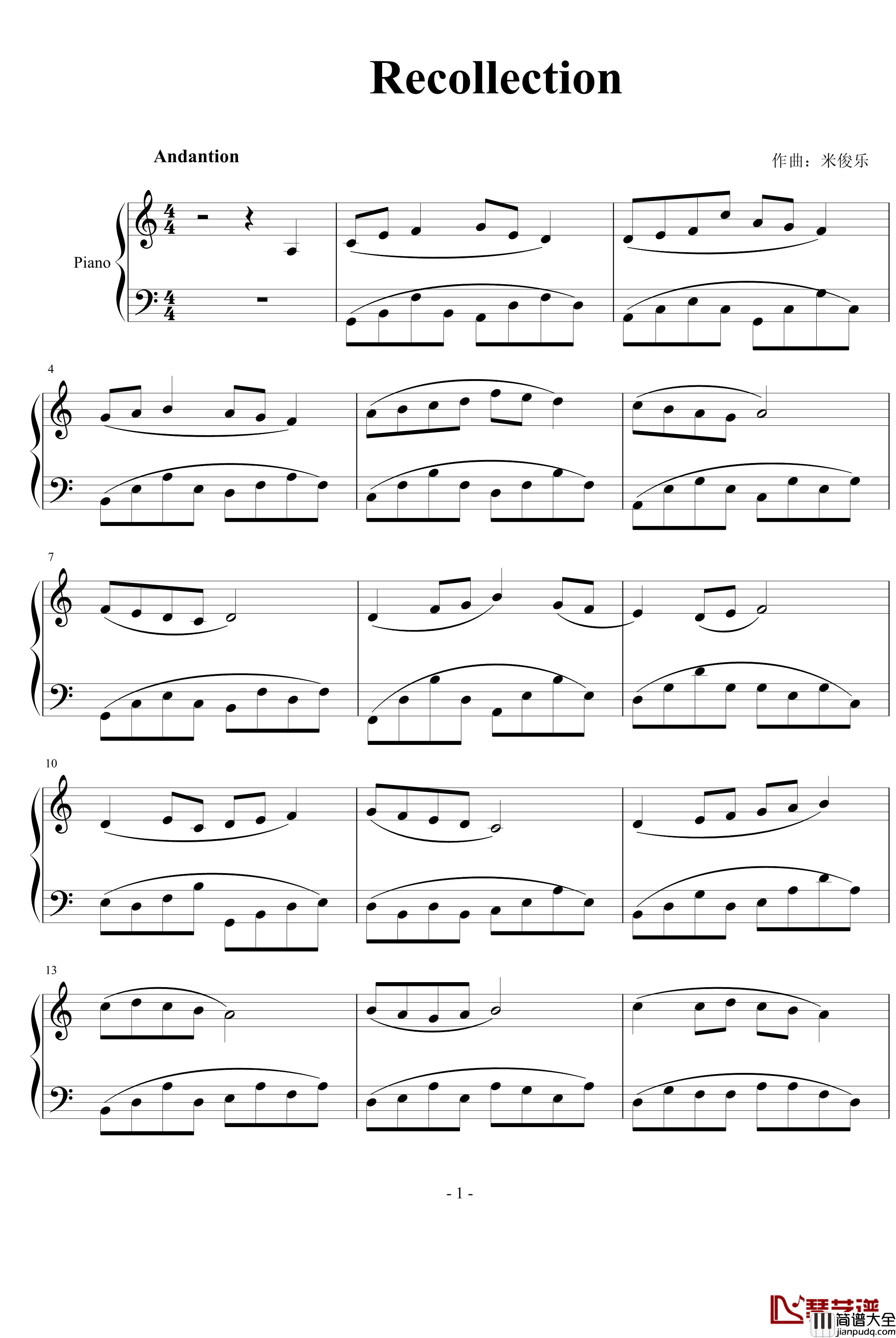 Recollection钢琴谱_米俊乐