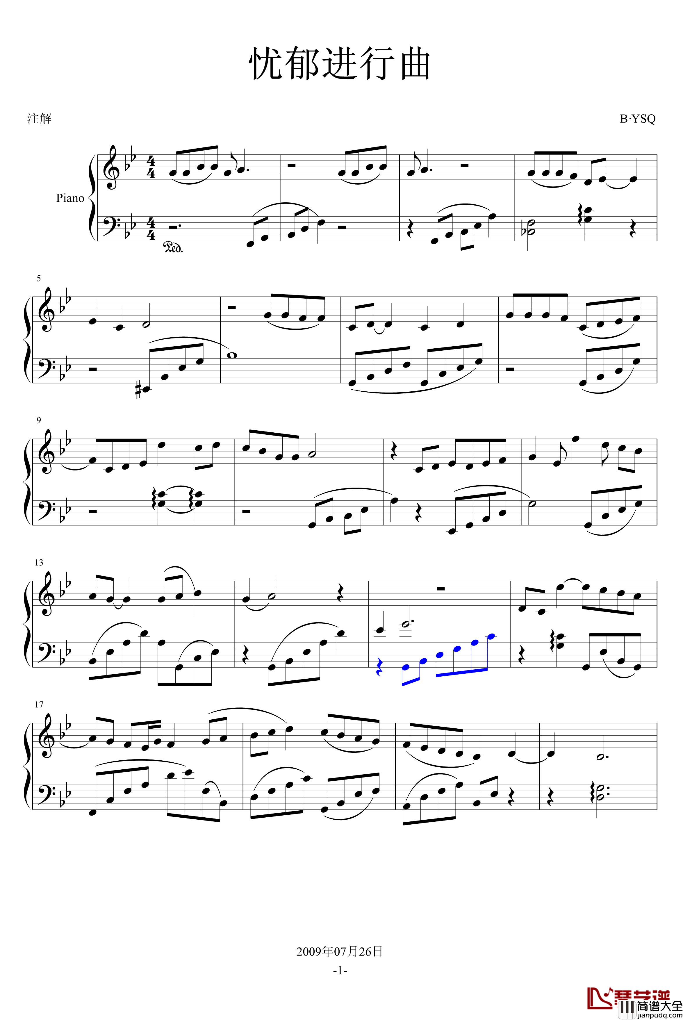 忧郁小调钢琴谱_swenl