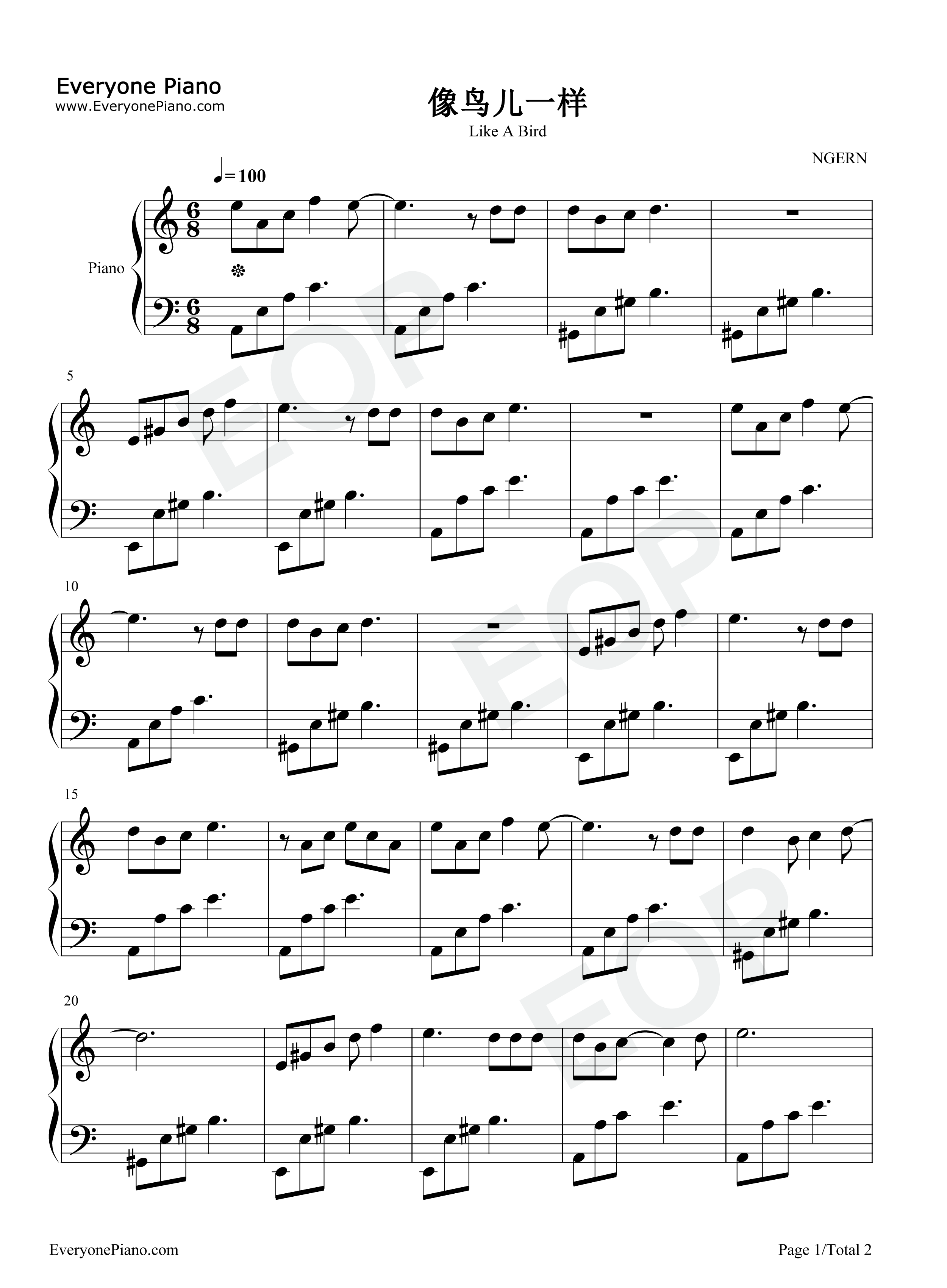 像鸟儿一样钢琴谱_周深