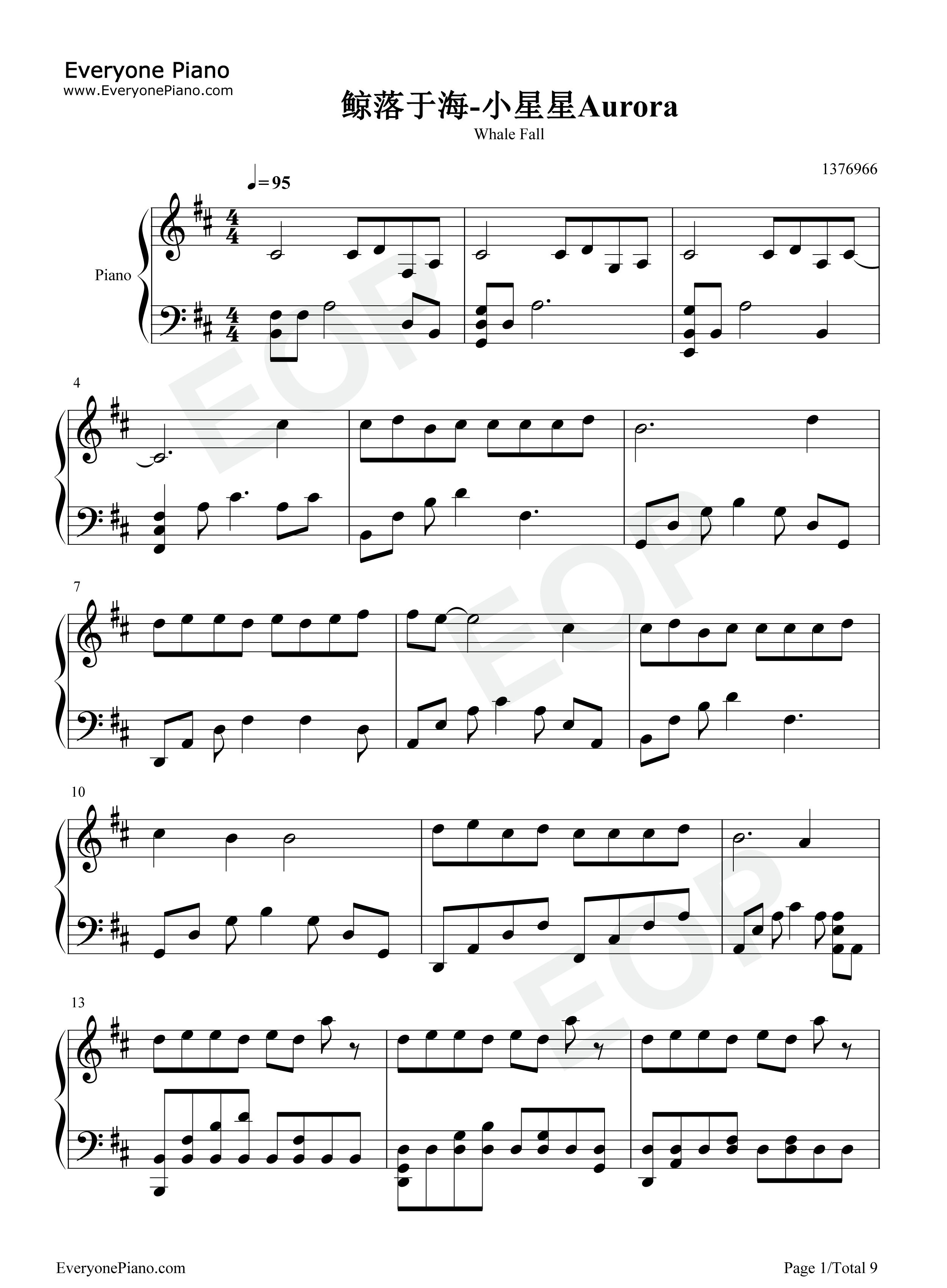 鲸落于海钢琴谱_小星星Aurora
