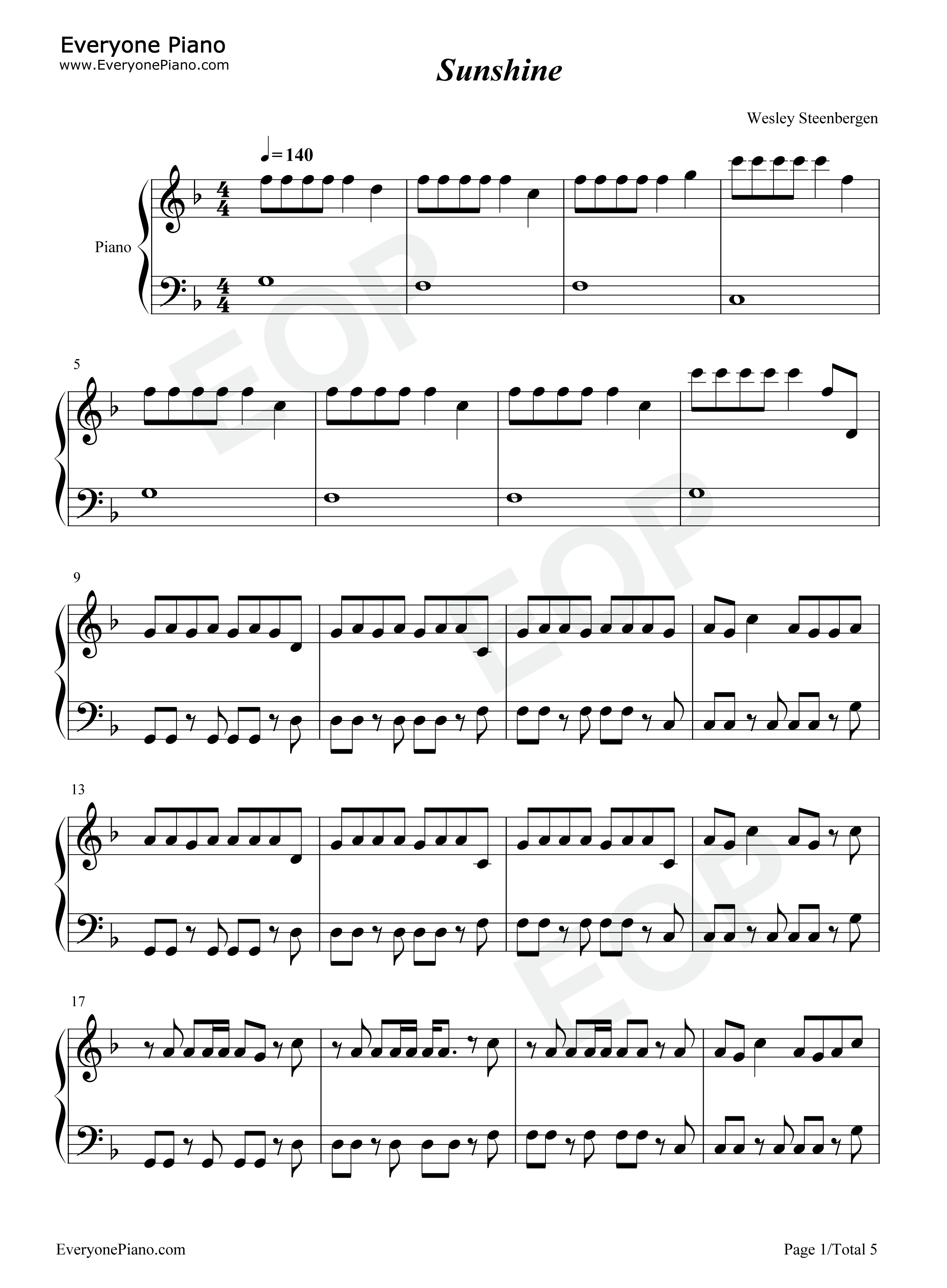 Sunshine钢琴谱_OneRepublic