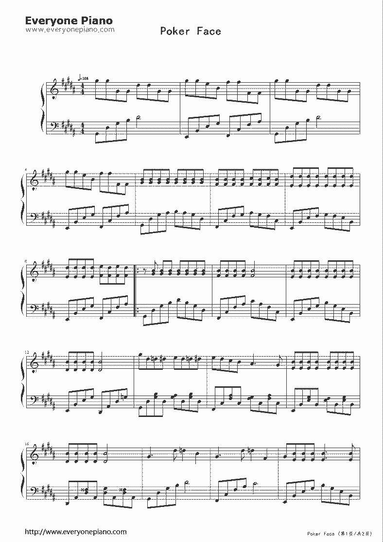 扑克脸钢琴谱_lady_gaga