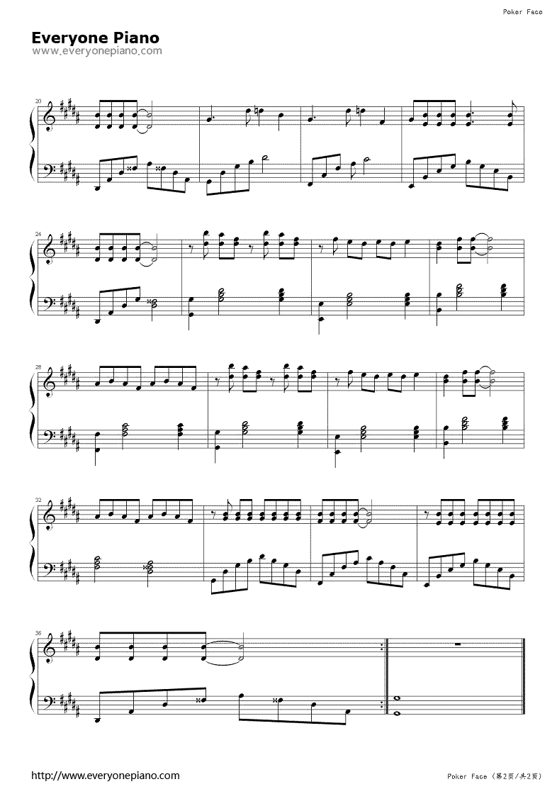 扑克脸钢琴谱_lady_gaga