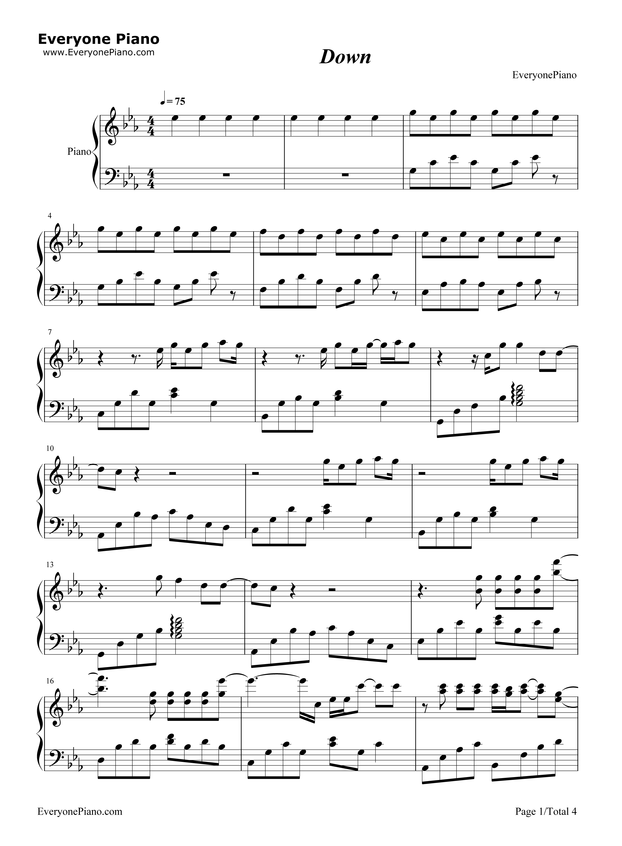 DOWN钢琴谱_杰森·沃克__Jason_Walker