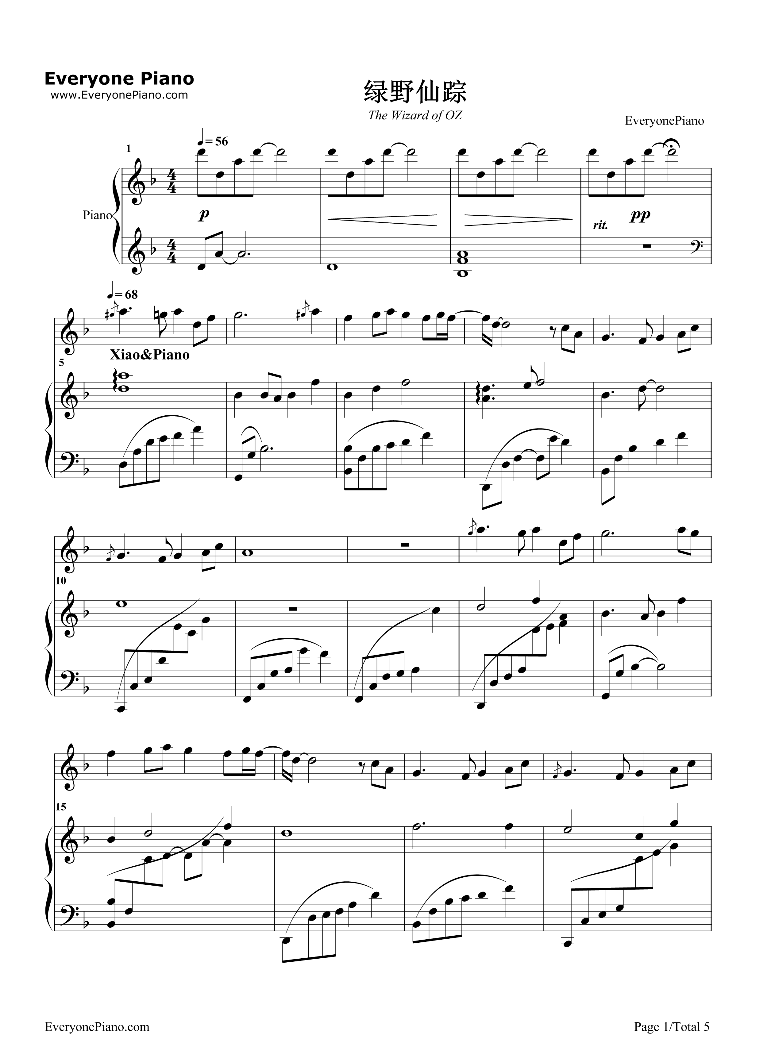 绿野仙踪钢琴谱_陈悦_马克