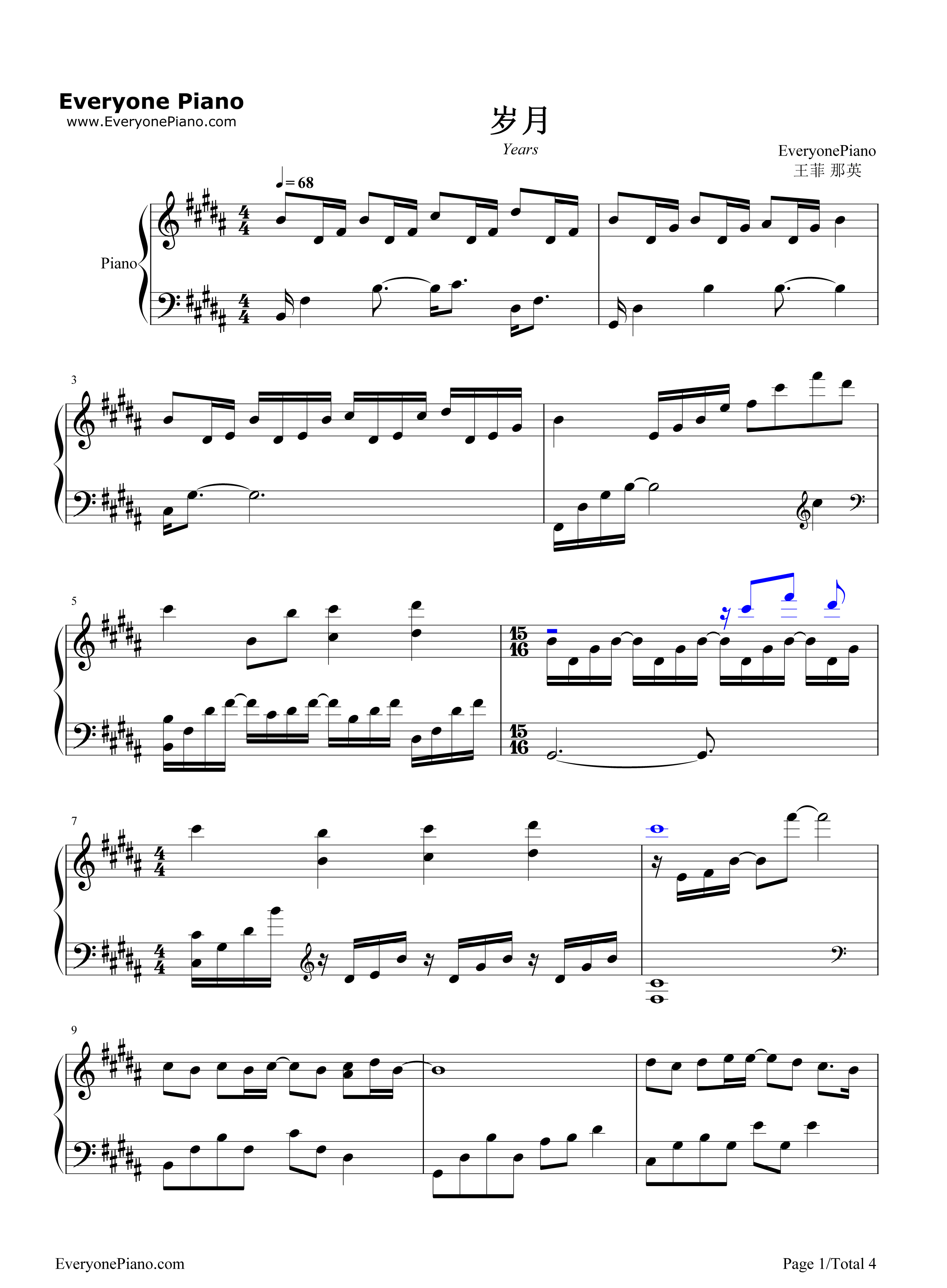 岁月钢琴谱_王菲_那英