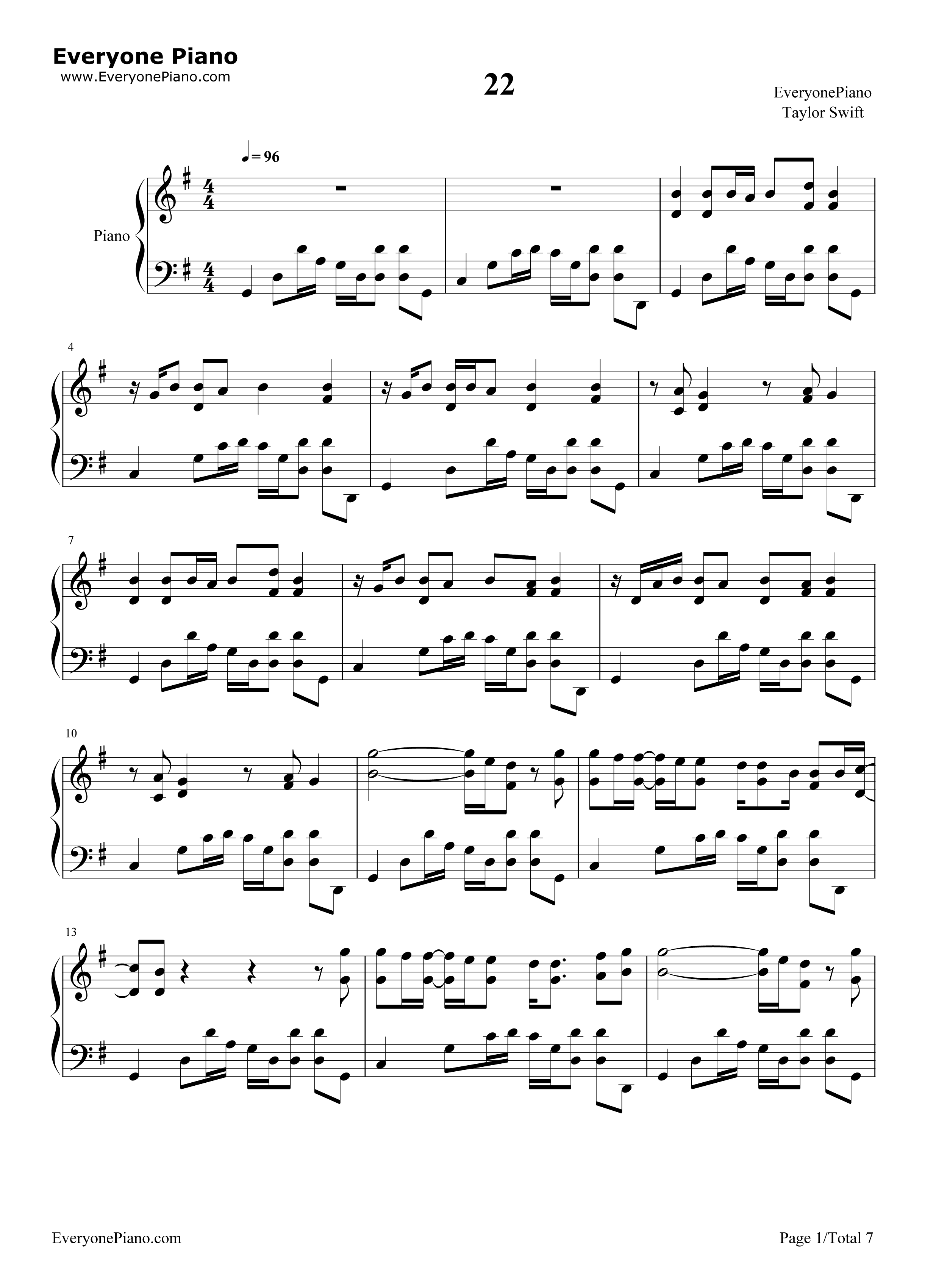 22钢琴谱_Taylor_Swift