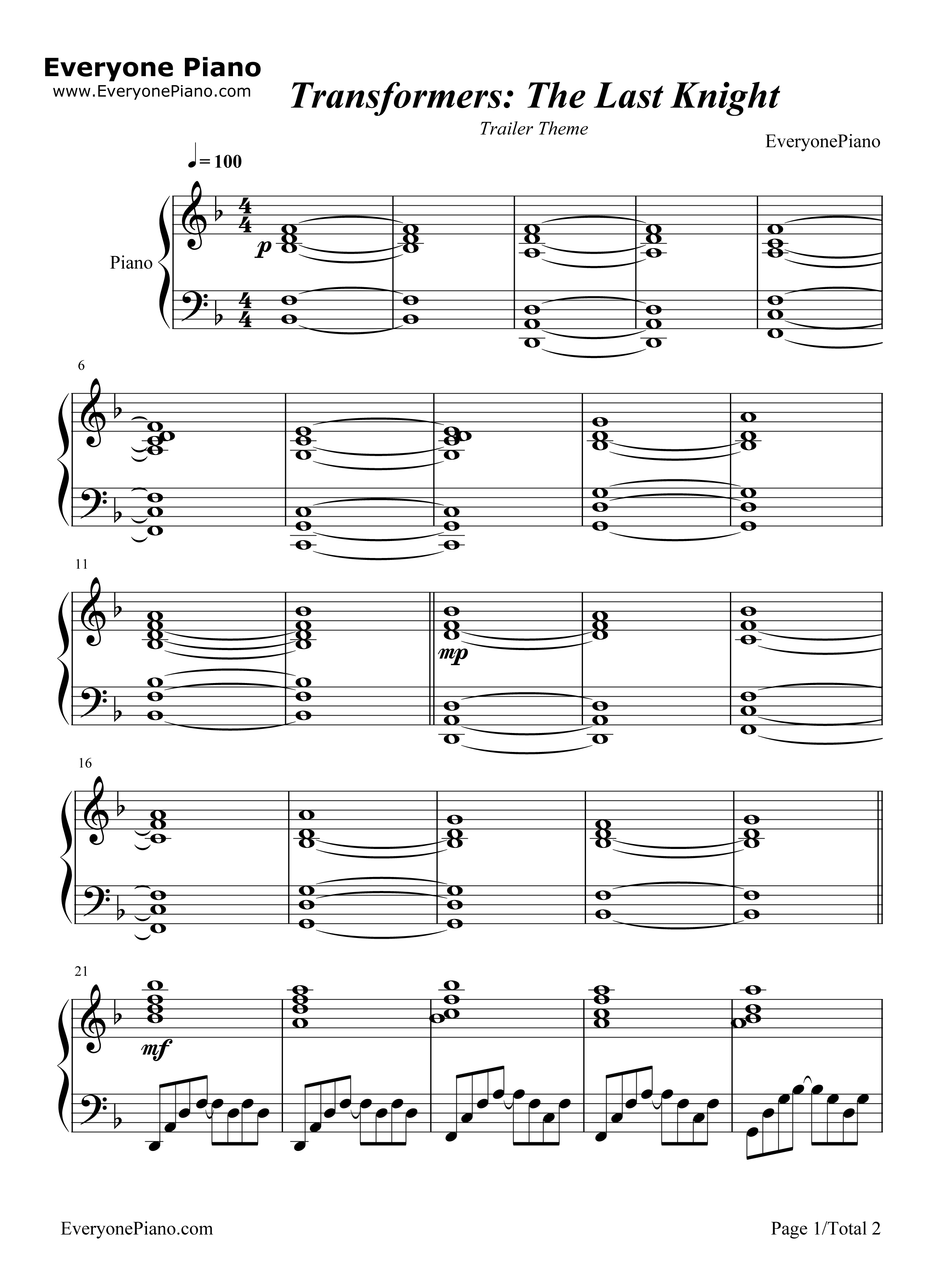 变形金刚5最后的骑士Trailer_Theme钢琴谱_Steve_Jablonsky