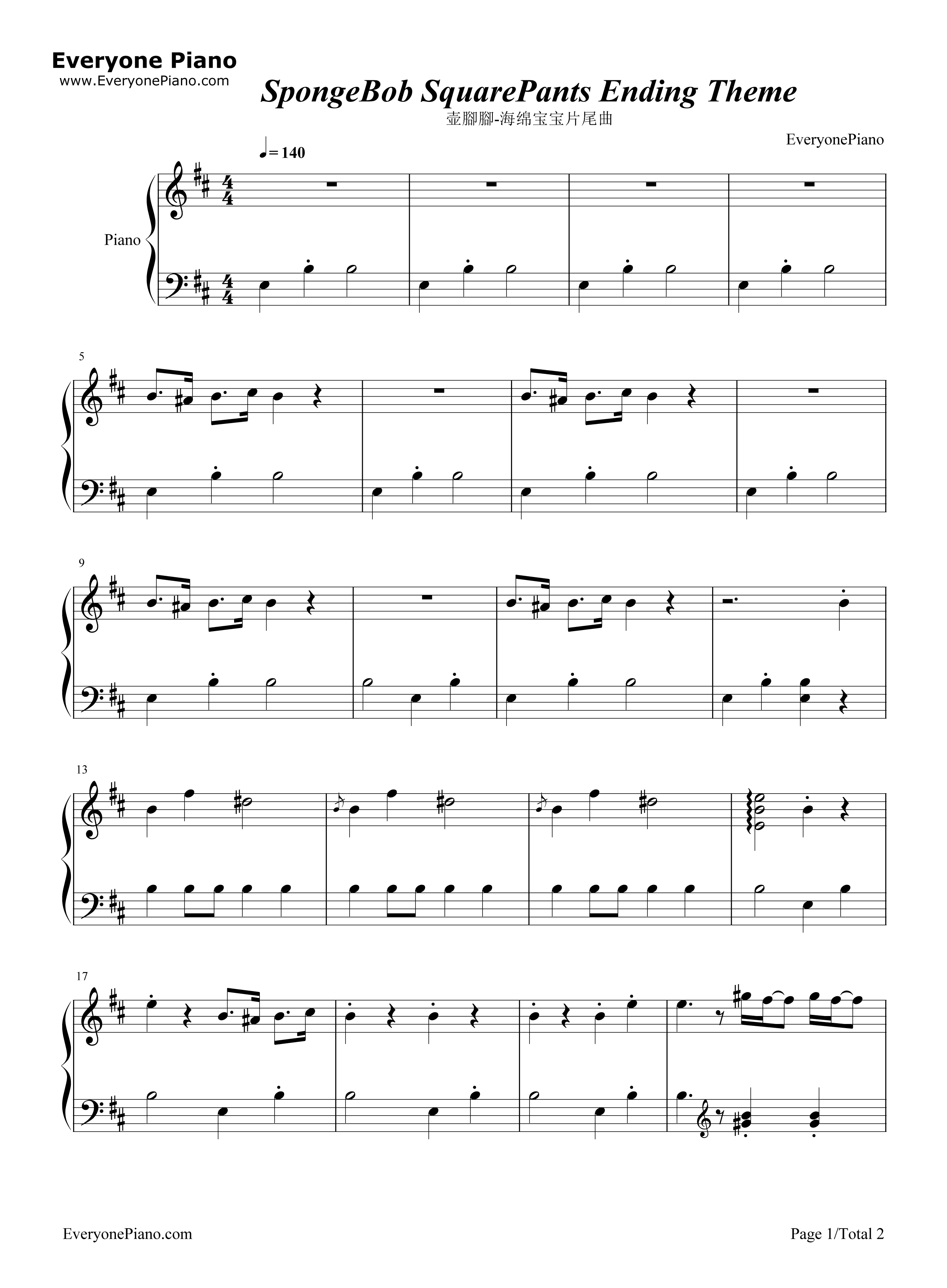 _海绵宝宝_片尾曲钢琴谱_未知