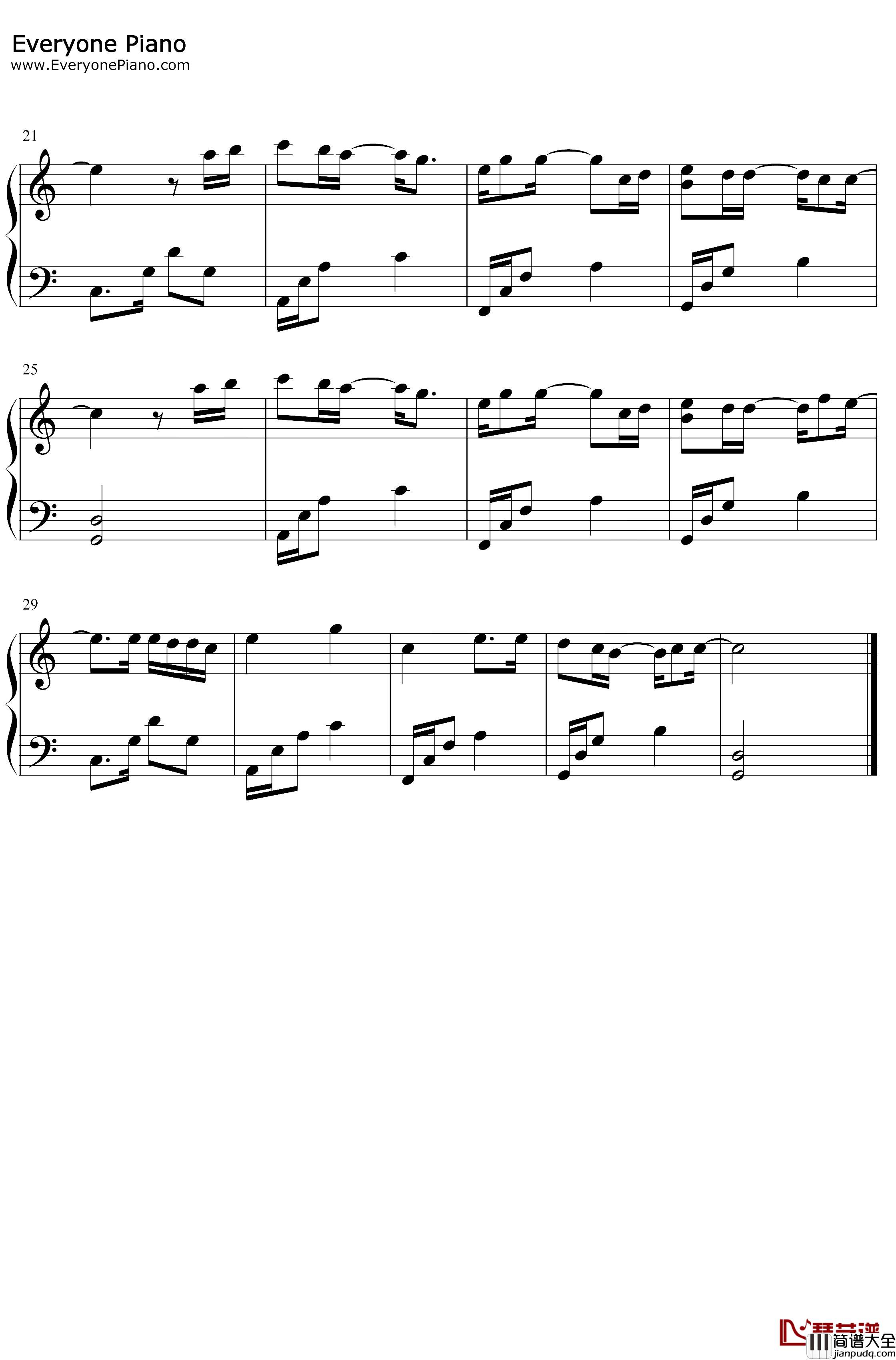 静悄悄钢琴谱_大泫_C调简单版_大泫